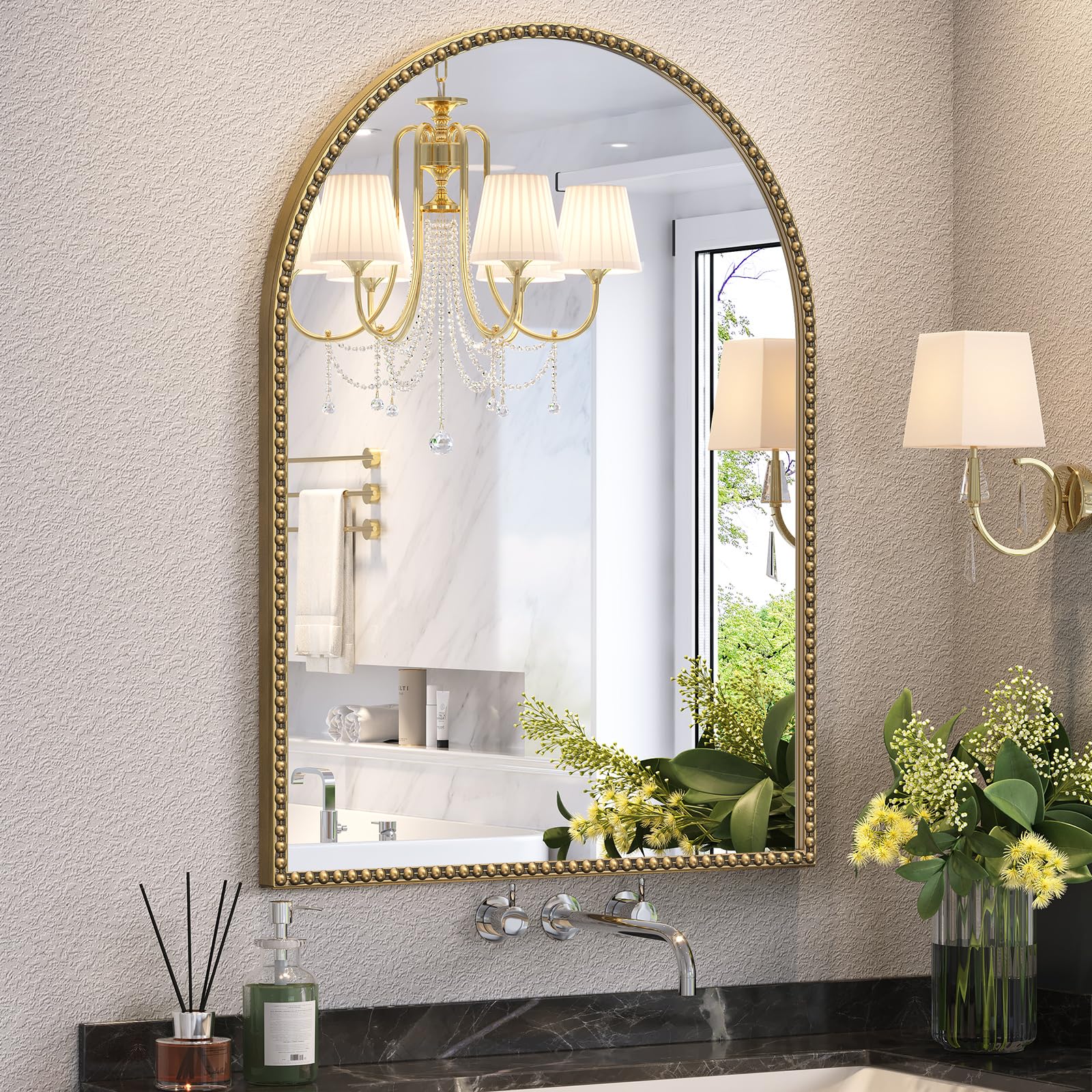 Brauthon Beaded Arched Mirror for Wall, 22"x30" Gold Arch Bathroom Vanity Mirror, Retro Brass Metal Frame Decorative Mirror for Bedroom Dressing Room Entryway Fireplace