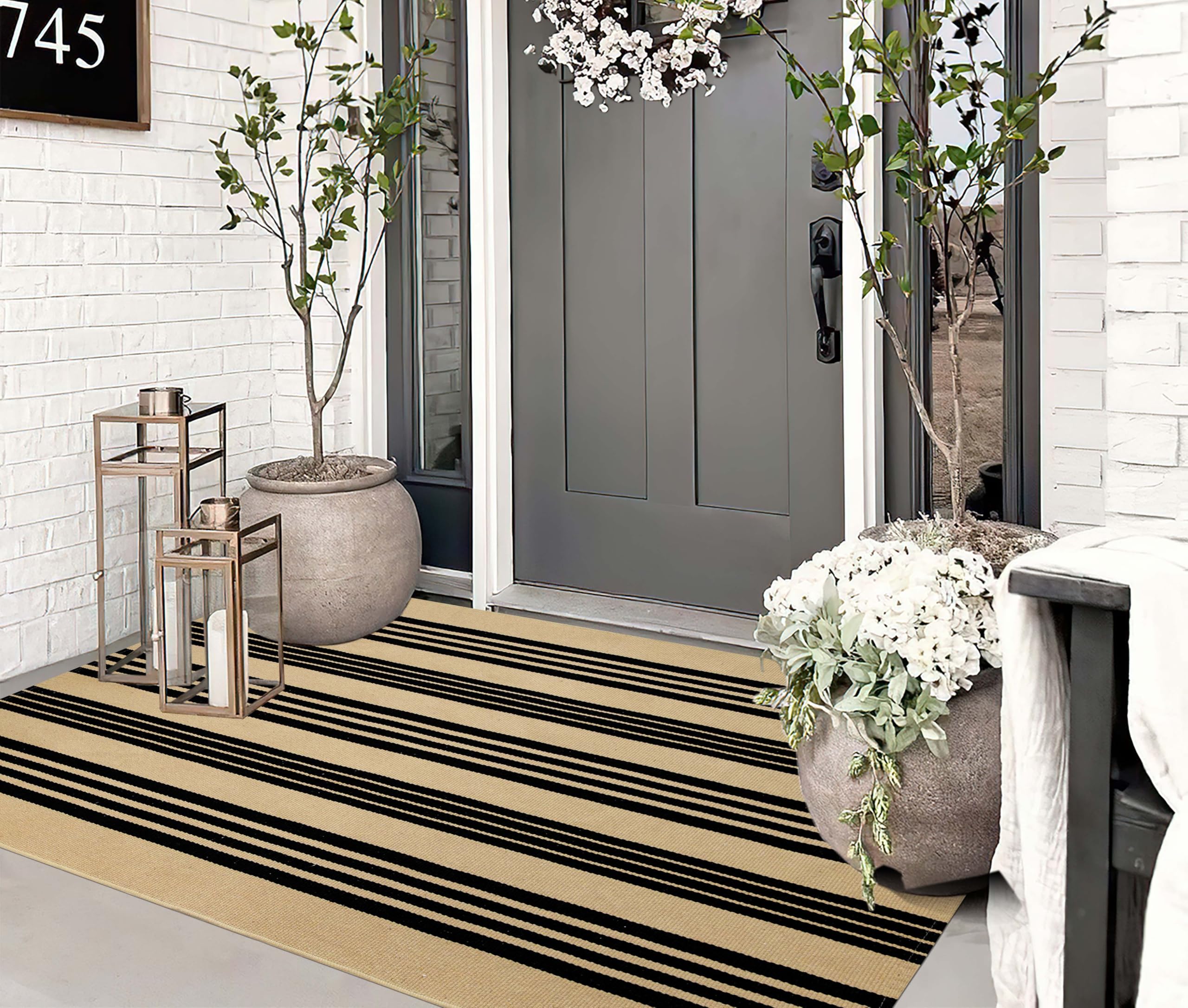 Tapis d'extérieur rayé Noir et Beige 90 x 150 cm pour Porche, décoration d'