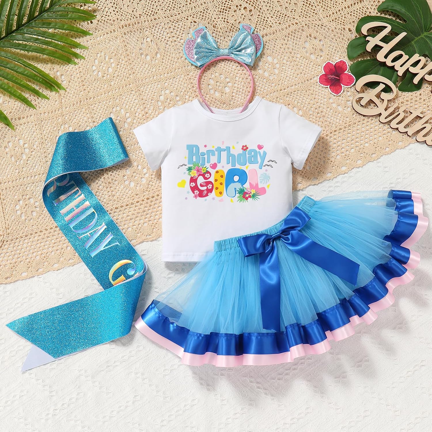 IBTOM CASTLE Toddler Baby Birthday Girl Outfit for Cake Smash Photoshoot T Shirt Tutu Dress Sash Ears Headband 4pcs Set