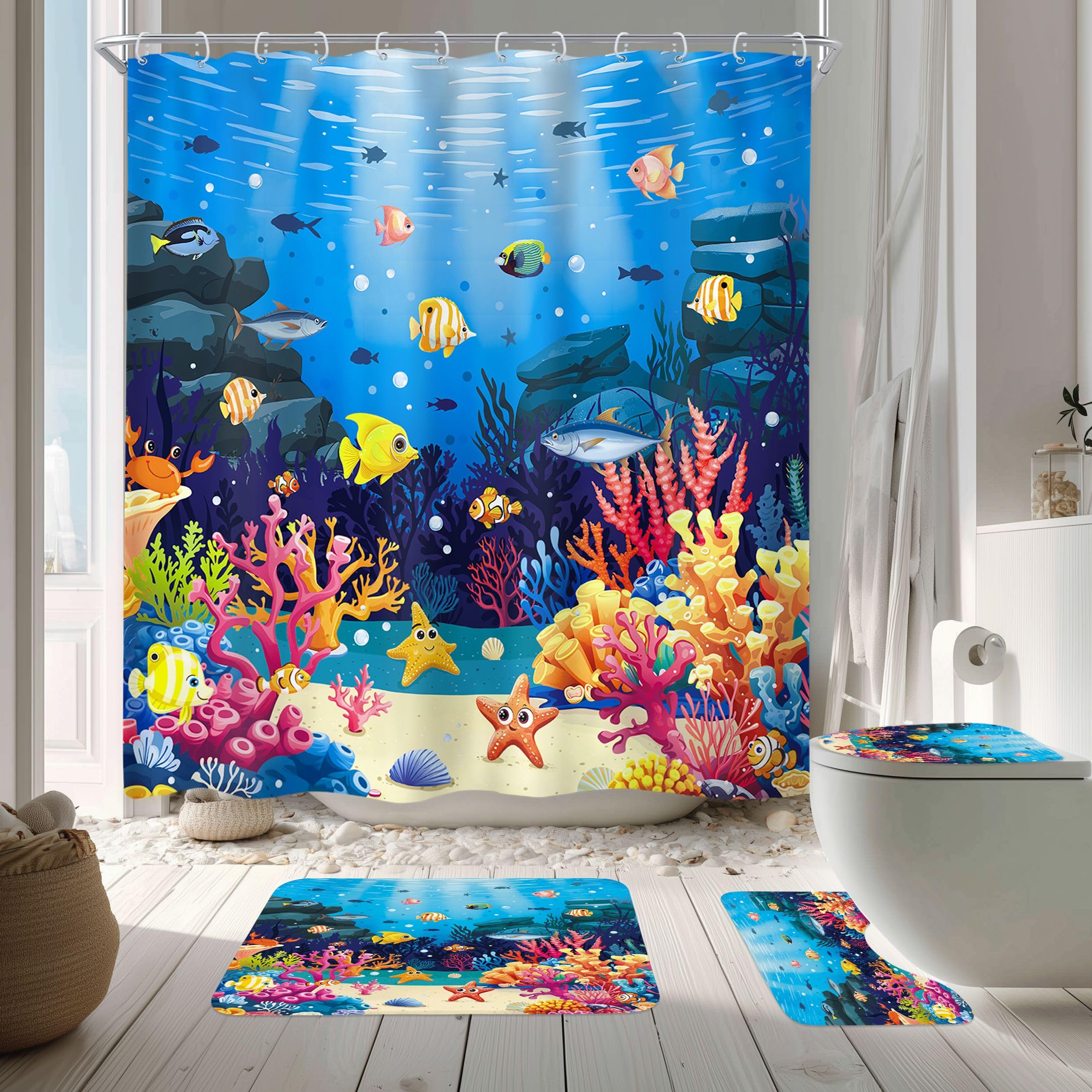 Ocean Coastal Fish Coral Kids 4Pcs Bathroom Shower Curtain Set with Rugs