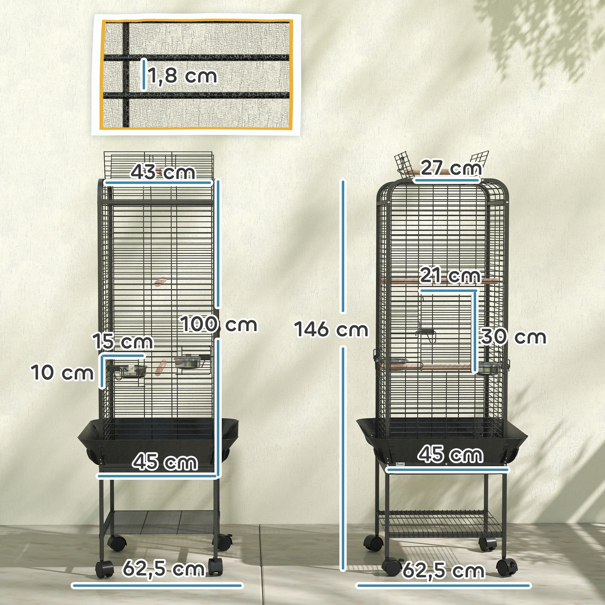 PawHut Jaula para Pájaros Jaula para Loros con Ruedas Perchas Comederos Estante y Bandeja Extraíble Pajarera para Cacatúas Cotorras 62,5x62,5x146 cm Gris Oscuro