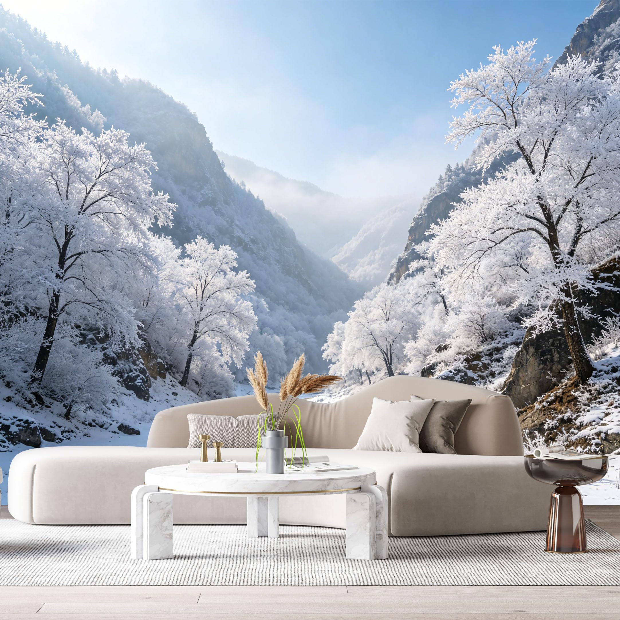 Custom Size Wall Murals Snowy Mountain Landscape Frosted Trees Winter Valley Natural View SelfAdhesive Wall Fabric Removable Large Wallpaper for Photo Living Room