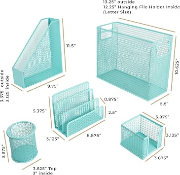 BLU MONACO Aqua Desk Organizer Set | 5-Piece Metal Office Supplies Set with Hanging File Organizer, Magazine Holder, Pen Cup, Sticky Note Holder & Letter Sorter | Cute Aqua Desk Accessories for Women