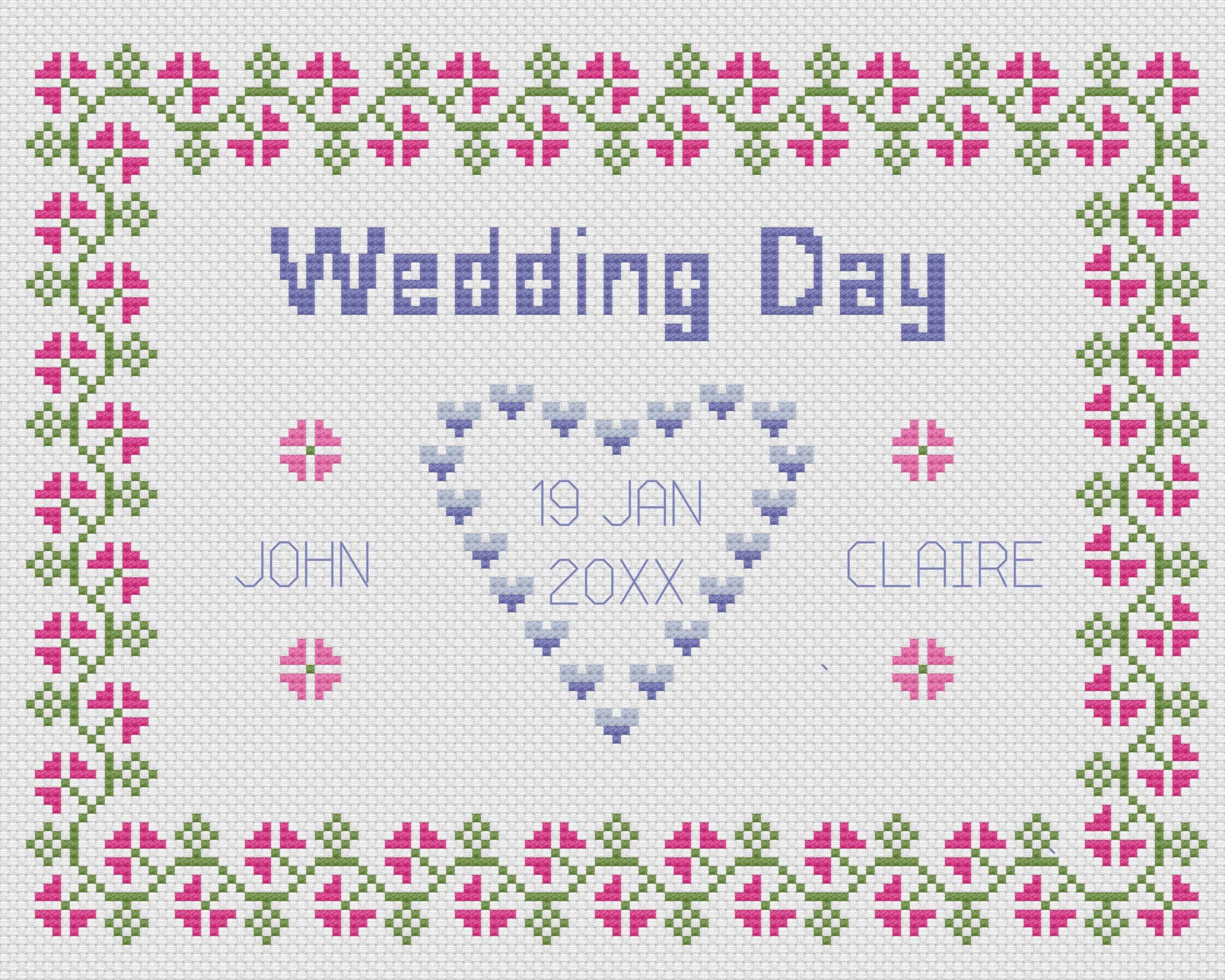 Florashell Needlecrafts Wedding Day Sampler Cross Stitch Kit - 14 Count Aida Fabric, Pre Sorted DMC Threads, Adult, Unisex, Traditional, All Seasons