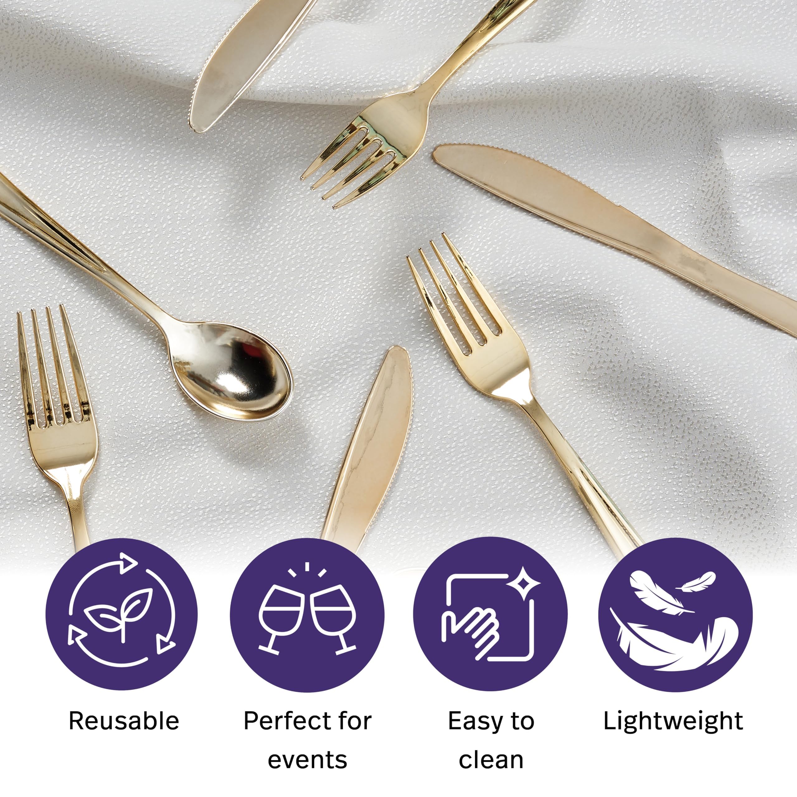 MATANA 720 Elegantes Wiederverwendbares Goldenes Besteck Set – 240 Messer, 240 Gabeln, 240 Löffel – Mehrweg & Stabiles Besteck für Hochzeiten, Geburtstage, Partys & Veranstaltungen