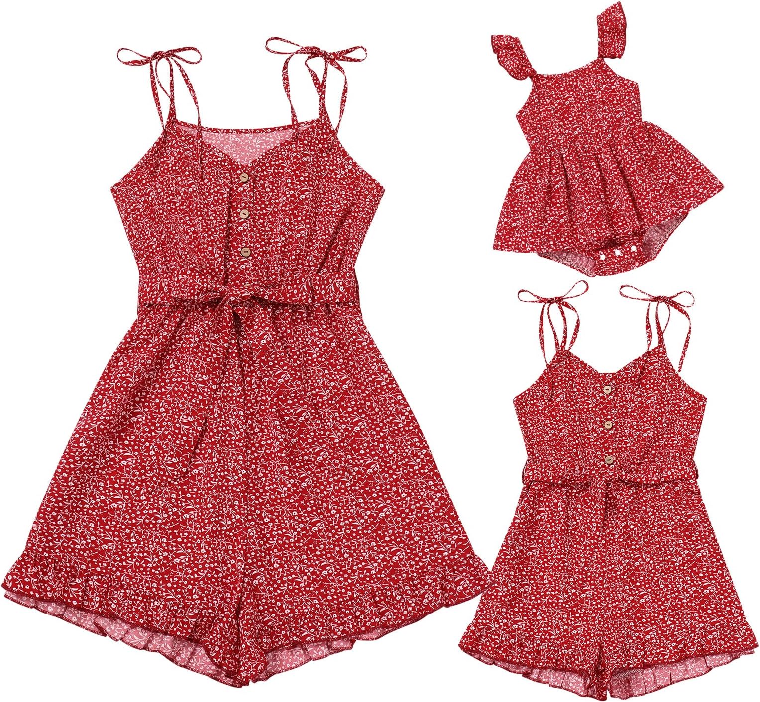 Mommy and Me Outfit Floral Tie Strap Family Matching Jumpsuit Romper Sleeveless Summer Clothes for Mother and Daughter