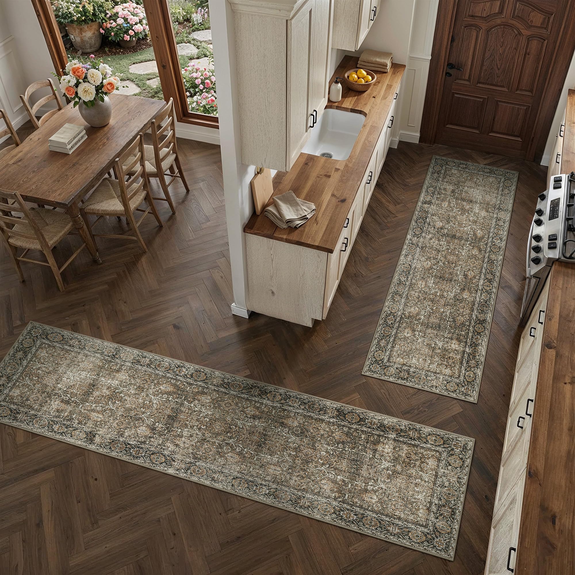 PureCozy Brown Kitchen Rug Set 2 Piece 2x6+2x10 Vintage Distressed