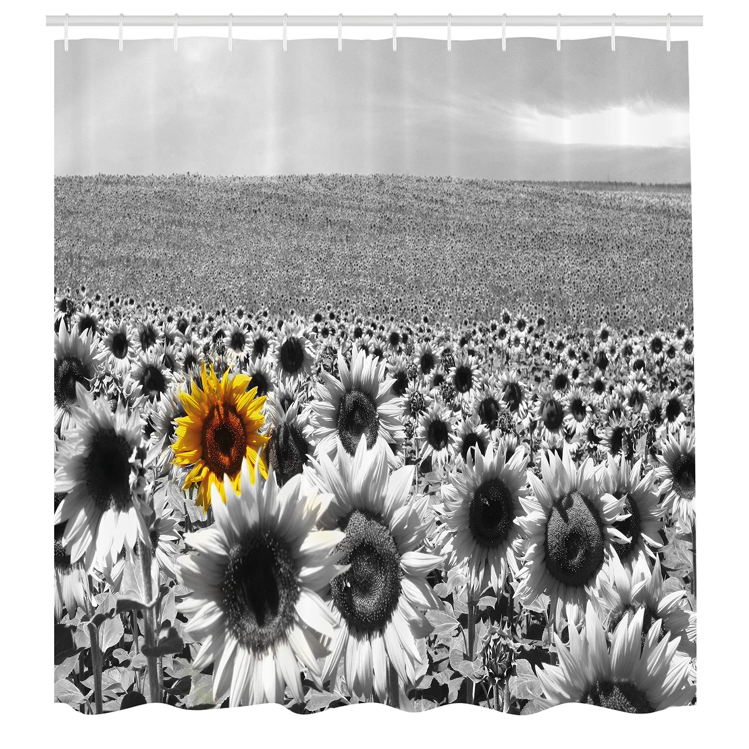 Ambesonne Modern Shower Curtain, Sunflower Field Black and White a Single Yellow Flower Spring Landscape Individuality, Cloth Fabric Bathroom Decor Set with Hooks, 69" W x 70" L, Grey
