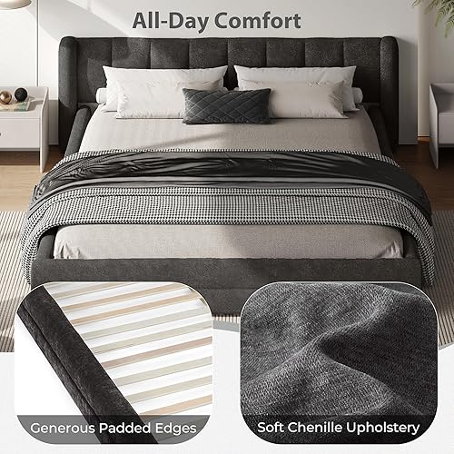 Miniatura 4 de DEINPPA Base de cama tamaño Queen con cabecera suave tipo nube, base de cama de madera con tapizado de chenilla, no necesita somier - Gris oscuro