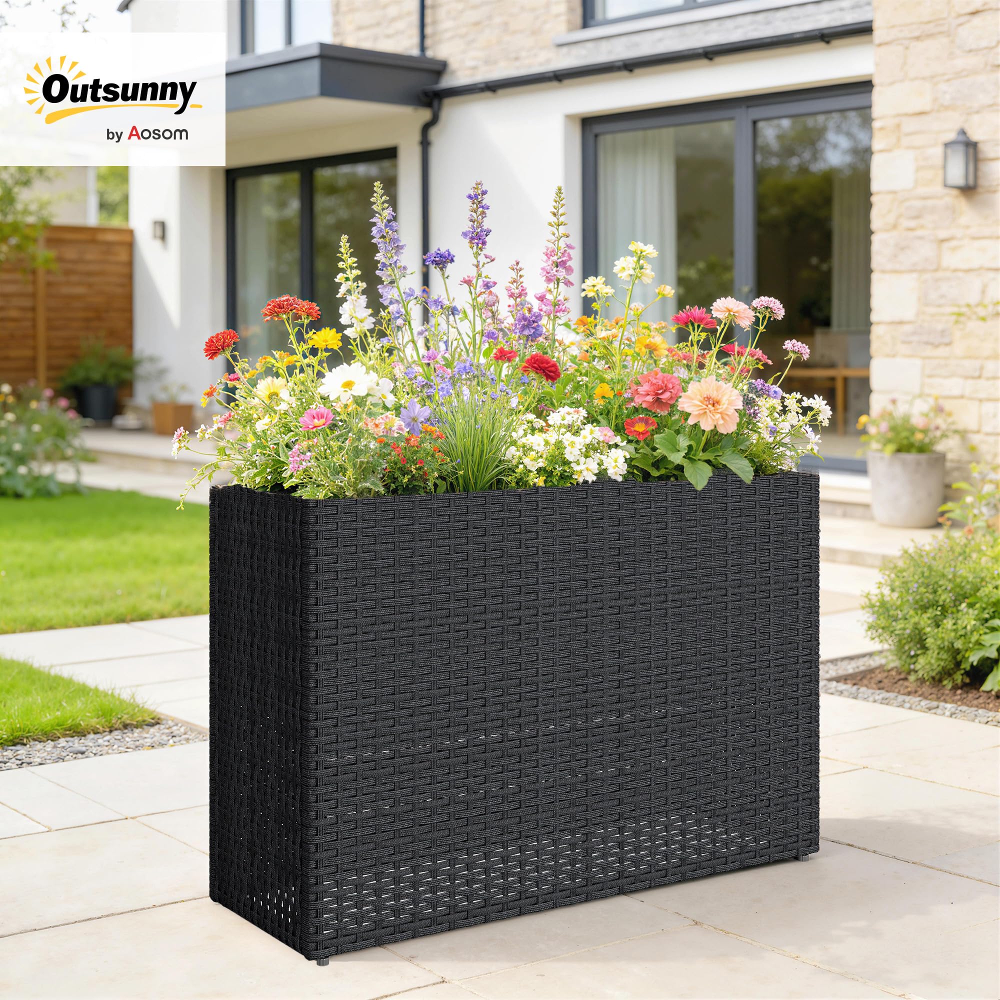 Outsunny Jardinière surélevée en résine tressée, support de fleurs avec bac amovible et pieds réglables, cadre en acier, pour fleurs et légumes dans patio, balcon, terrasse, noir