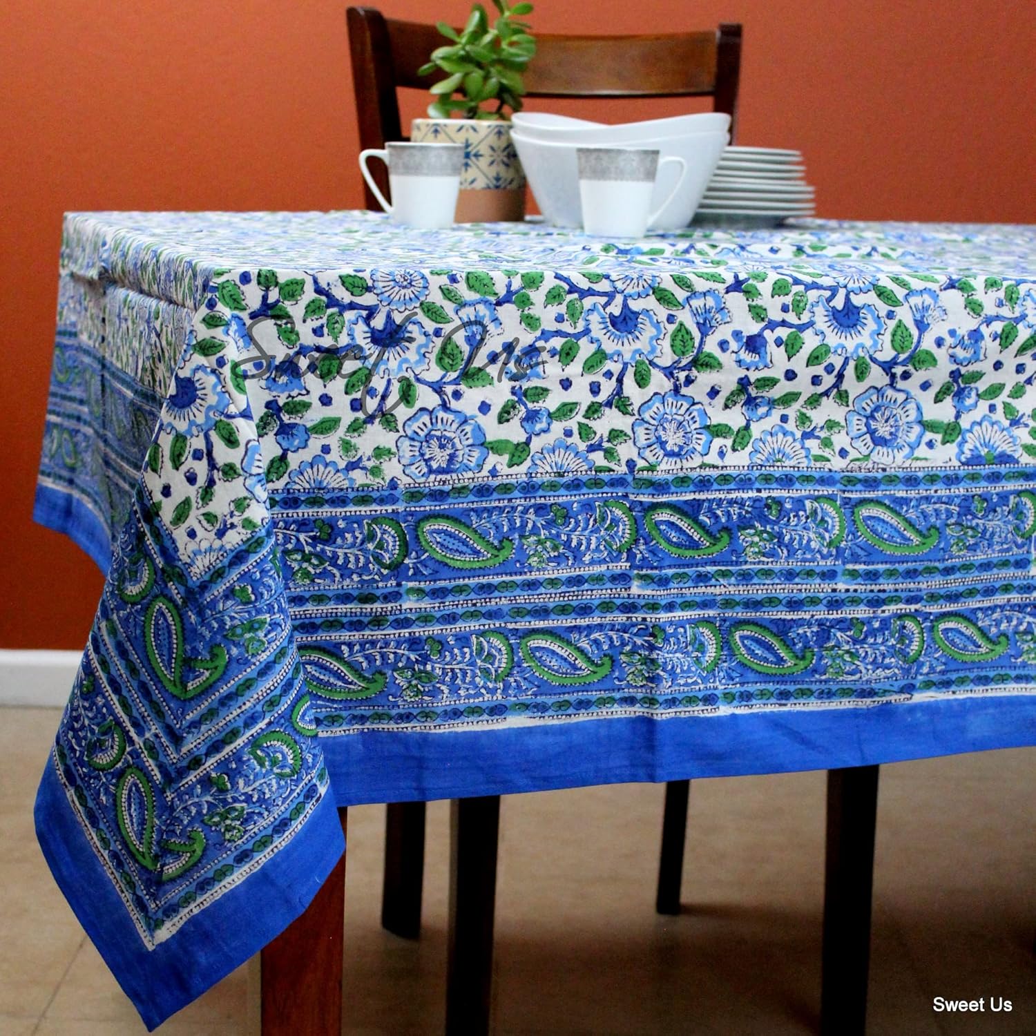 Sweet Us Block Print Royal Paisley Floral Tablecloth for Rectangle Tables, White Cotton Floral Kitchen Dining Table Cloth, Table Cover for Indoors, Outdoors, Ultramarine Blue, 58 x 88 in