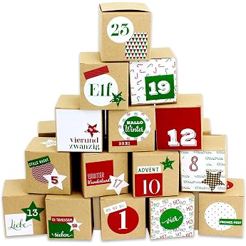Papierdrachen DIY Advent Calendar for Crafts and Filling House Set with Golden Number Stickers 24 Natural Brown Boxes Made of 400 g/m  Cardboard for Standing and Decorating 24 Boxes Christmas Village Reusable