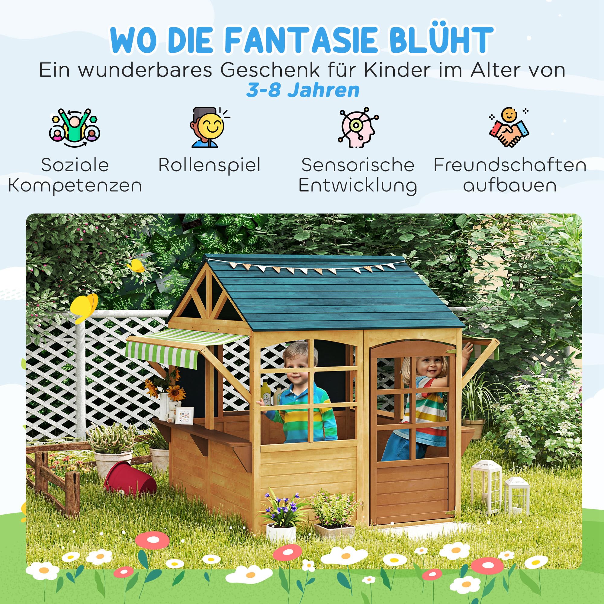 AIYAPLAY Spielhaus aus Holz Faltbar Kinderspielhaus Outdoor mit Fenstern und Tür für Kinder 3-8 Jahre