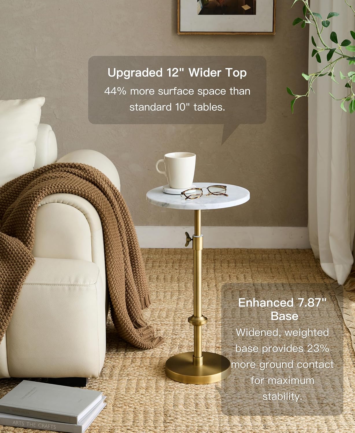 Adjustable-Height Marble Drink Table - 12x12x22-30, White Marble & Antique Brass, Modern Round End Table, Side Table with Pedestal Stand for Small Spaces, Vintage Metal Martini Cocktail Accent