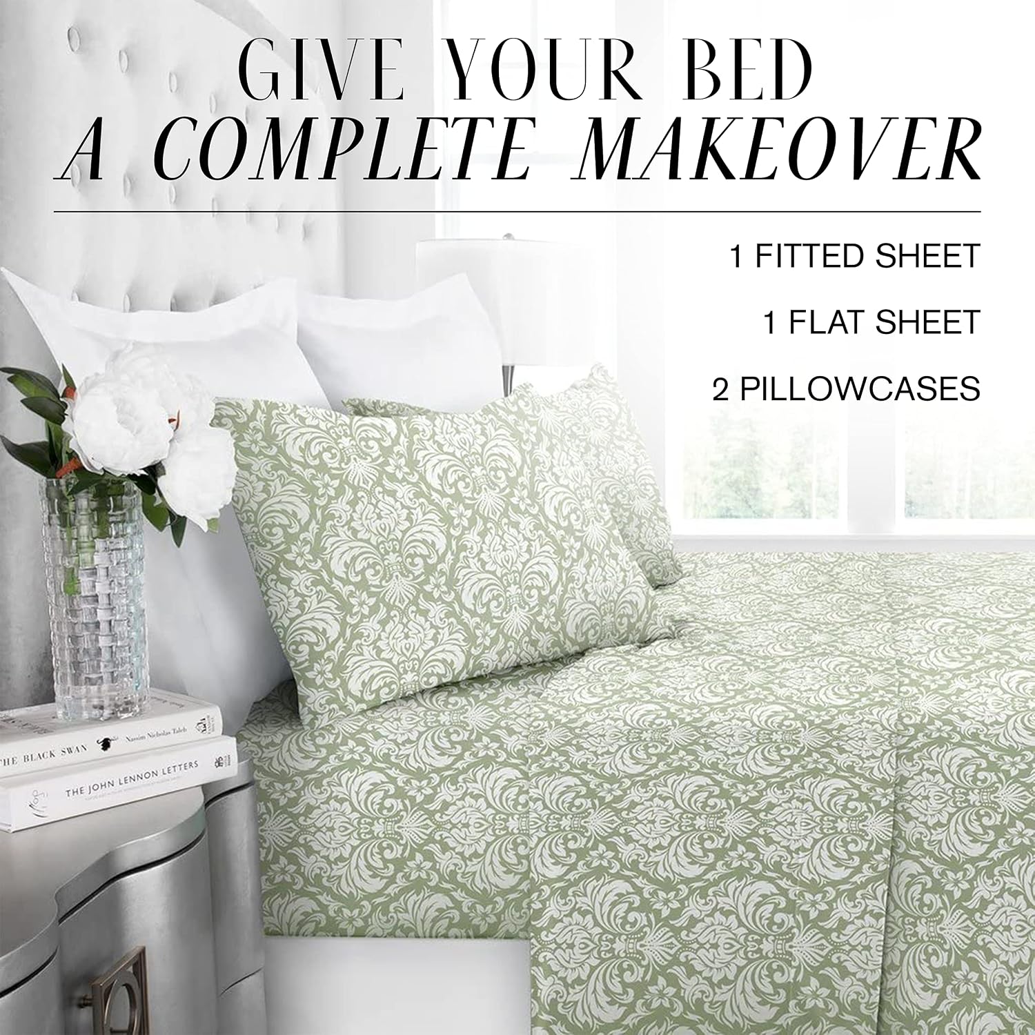 Italian Luxury King Size Sheets & Pillowcase Set w/ Deep Pockets – 4 Piece, Wrinkle and Fade Resistant Luxury Bedding Sets - White/Light Gray
