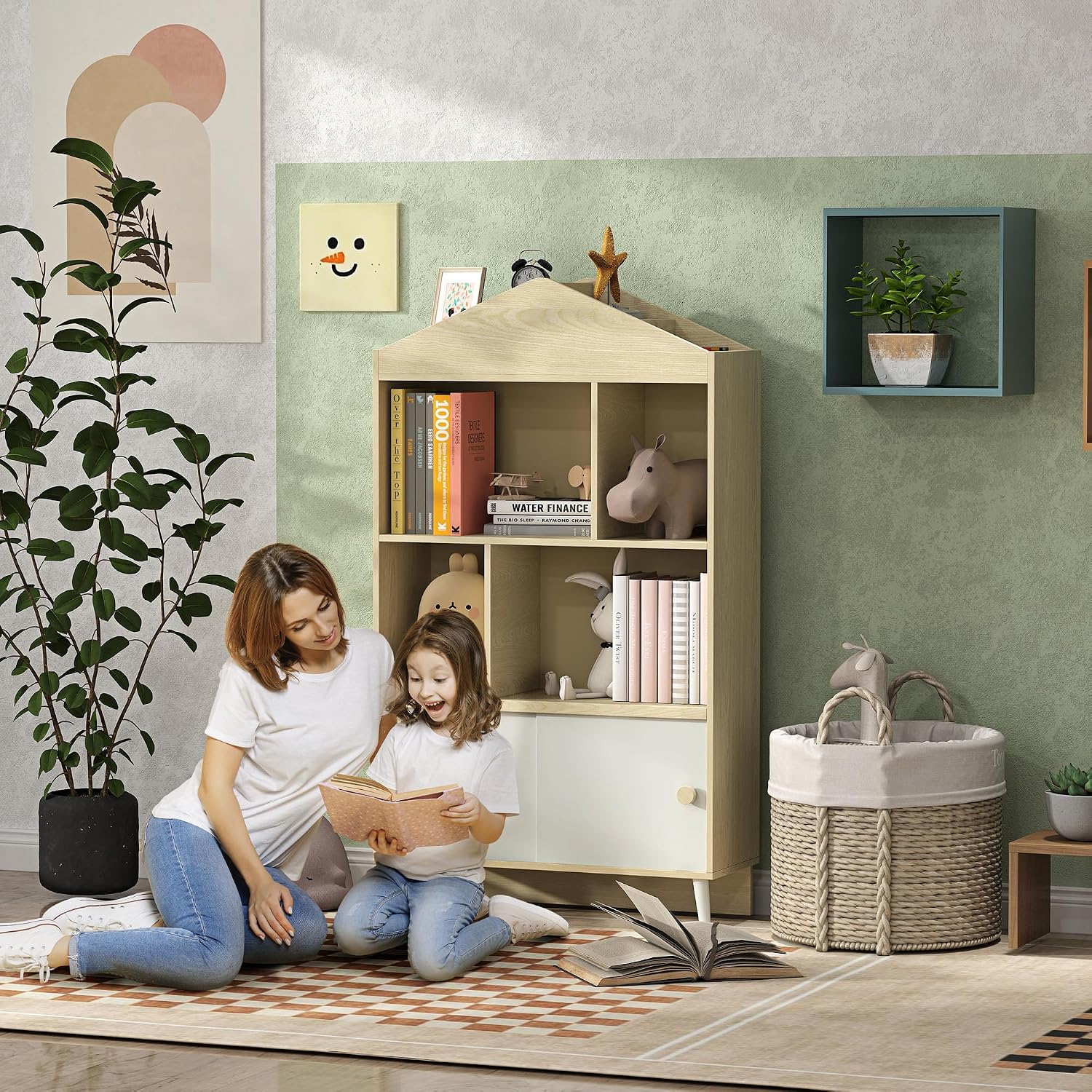 Qaba Kids Bookshelf and Toy Storage, 4-Cubby Children's Toy Shelf, Montessori Bookcase with Top Shelves for Playroom, Children's Room, Living Room, Kindergarten, White