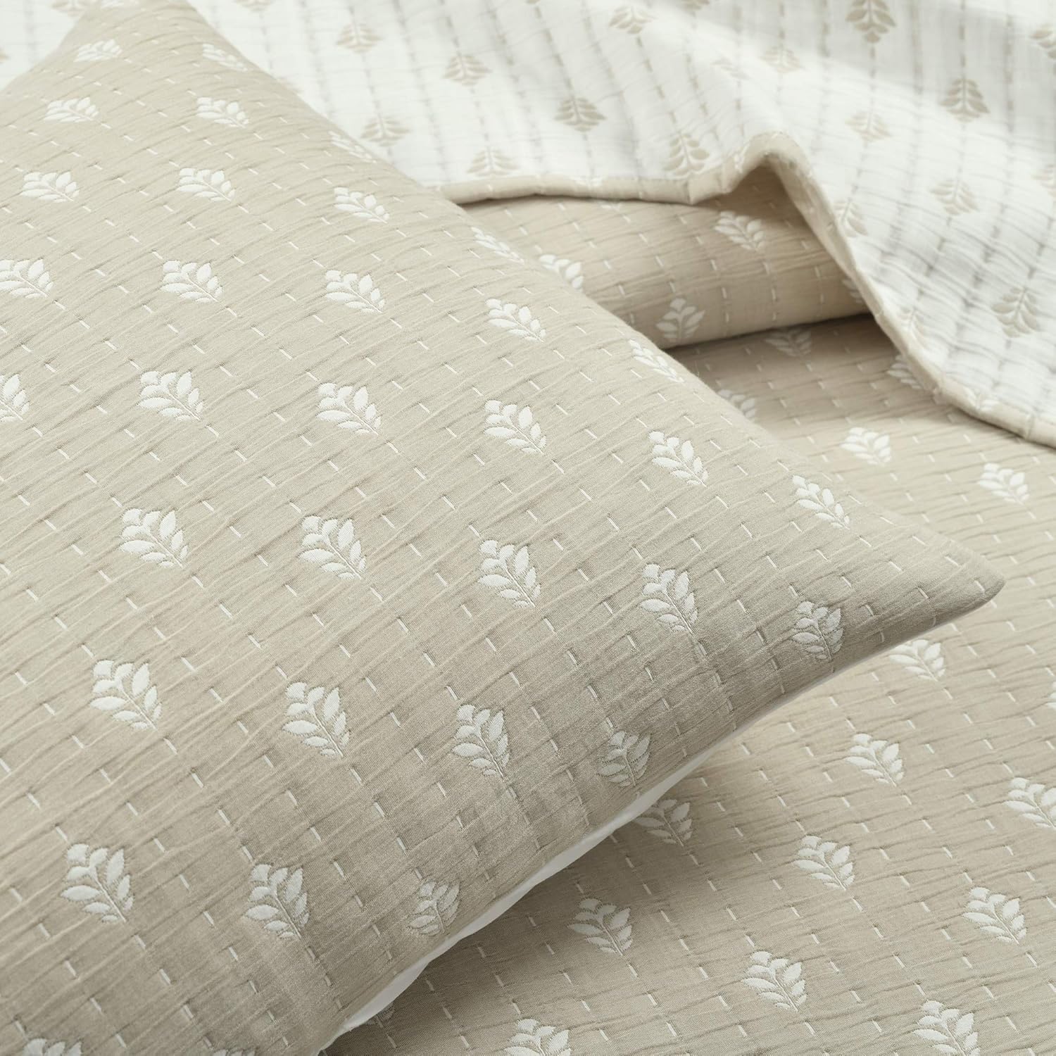 Lush Decor Kantha Leaf Cotton Pick Stitch Quilt 3 Piece Set King/California King Neutral & Off White - White Bedding Set King Quilt - Scandinavian Decor