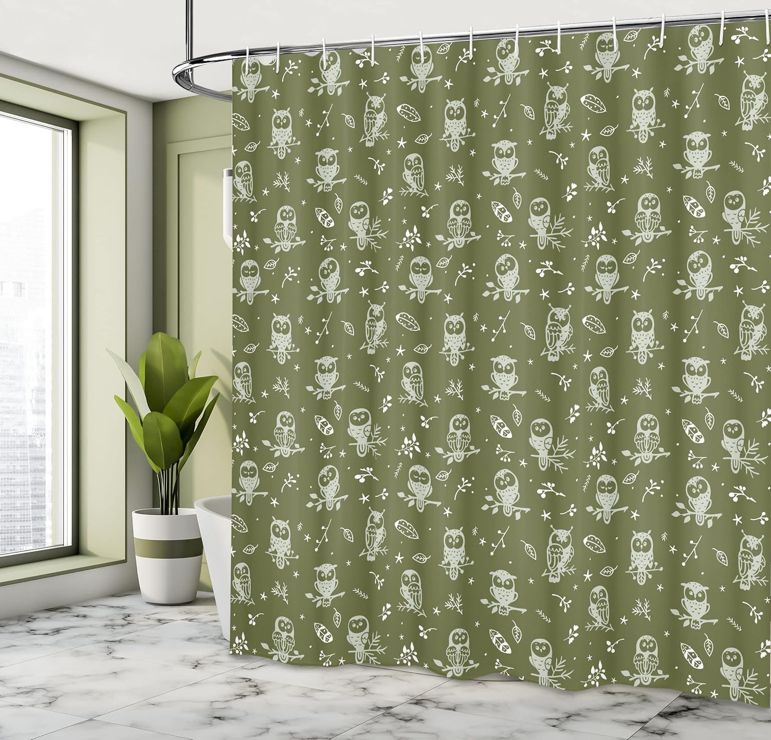 Ambesonne Owl Shower Curtain, Cartoon Style Illustration of Birds on The Branches Mysterious Woods Print, Cloth Fabric Bathroom Decor Set with Hooks, 69" W x 75" L, Olive