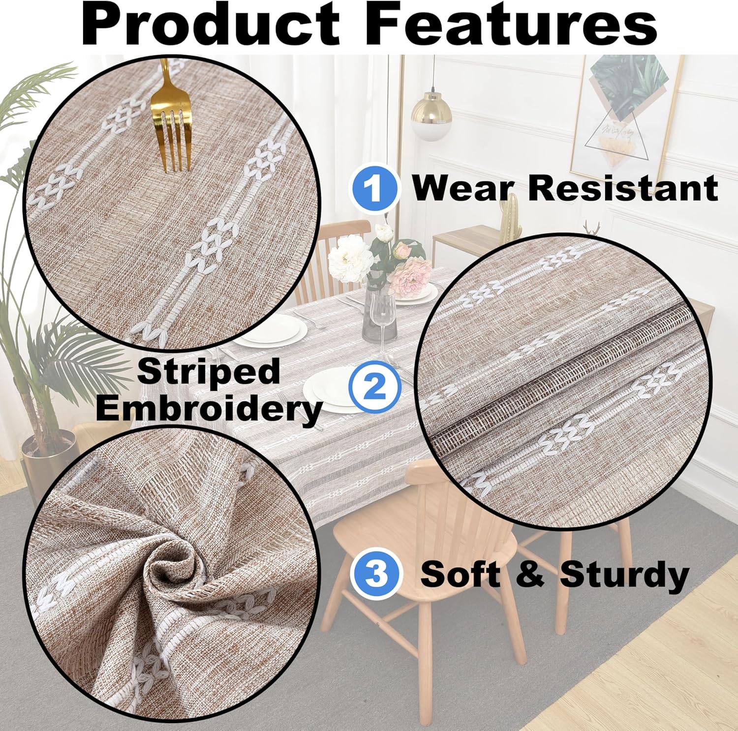 Rustic Striped Embroidery Oval Tablecloth, Openwork Heavy Weight Linen Wrinkle Resistant Table Cloth Dining Table Cover for Kitchen Party Banquet Decor 60x84 Inch Brown