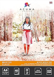 Mixed Media Paper Art Pad, 40 Sheets, A4 Size 110 lb/250 GSM, Glue Bound, Bleedproof, Acid Free, Cold Pressed for Artists Wet, Mixed Media Drawing and Techniques, Made in UK by Acuma Crafts