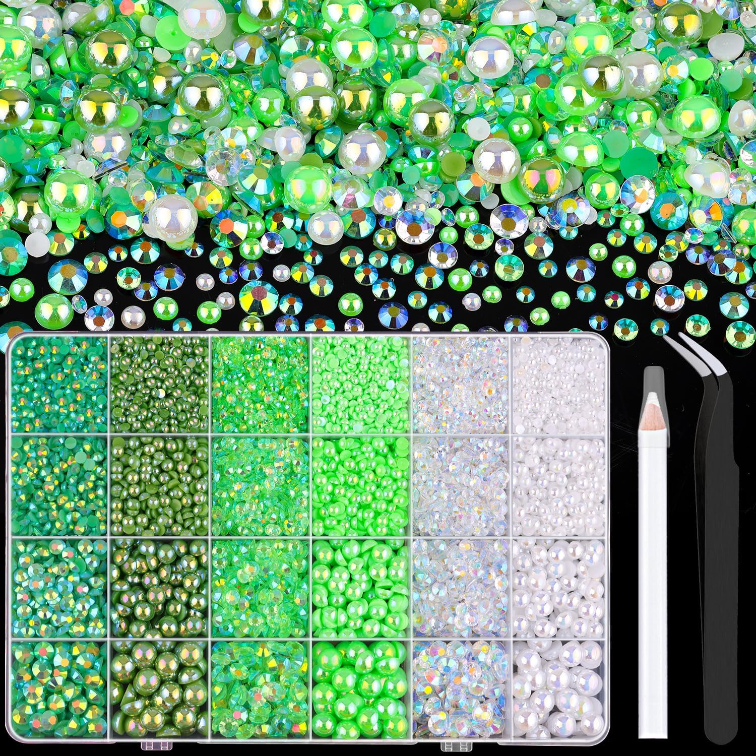 14000PCS Flatback Pearls and Green Rhinestones for Bedazzling Kit, Green Mixed Size 3-10mm Resin Rhinestones Gems and Half Pearls for Crafting, Nail Art Crafts Decoration