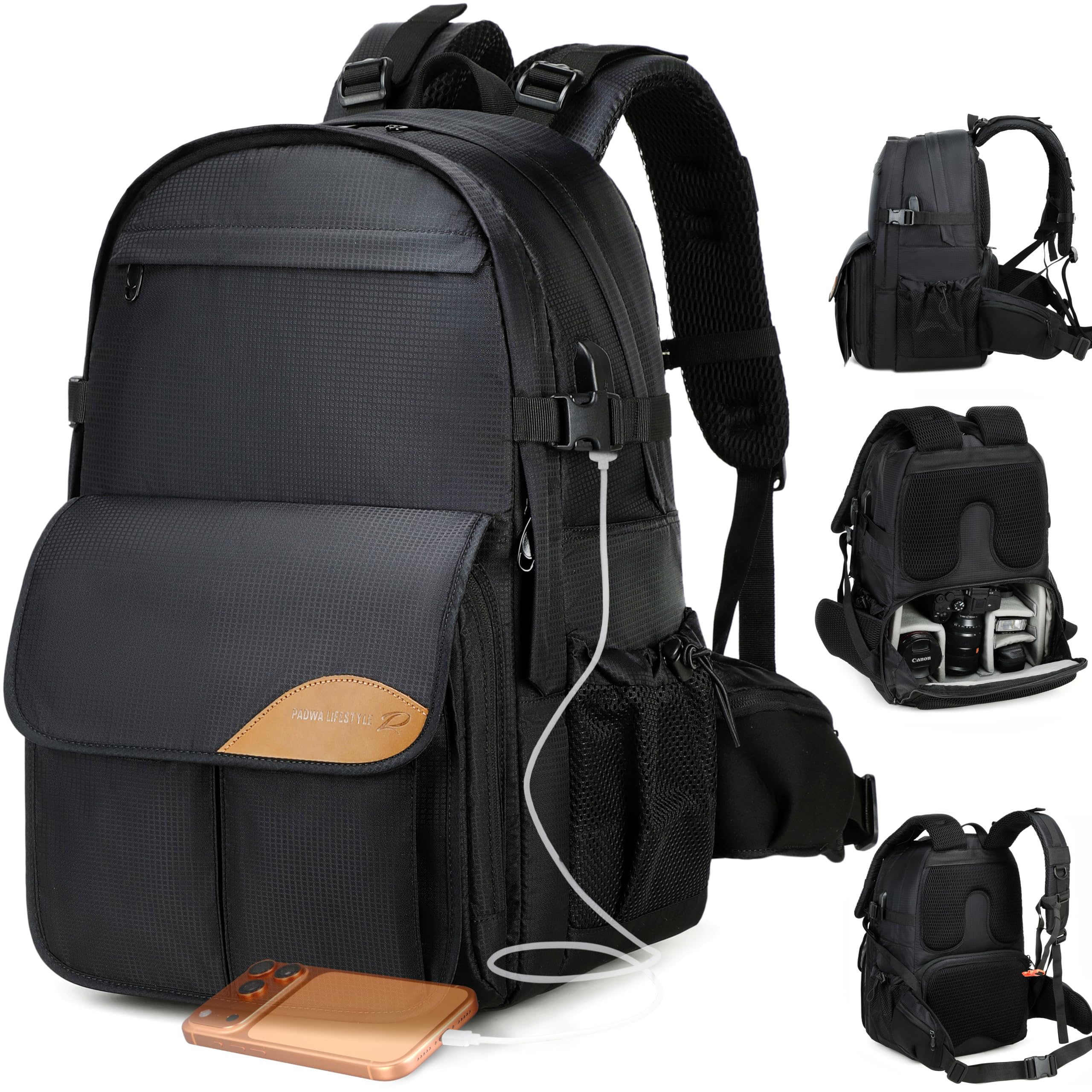 Padwa Lifestyle Large Capacity Travel Photography Camera Backpack - Reinforced Shock Resistant Abrasion Resistant Nylon Camera Bag with Thick Padded Comfort Strap and Wide Waist (Black)