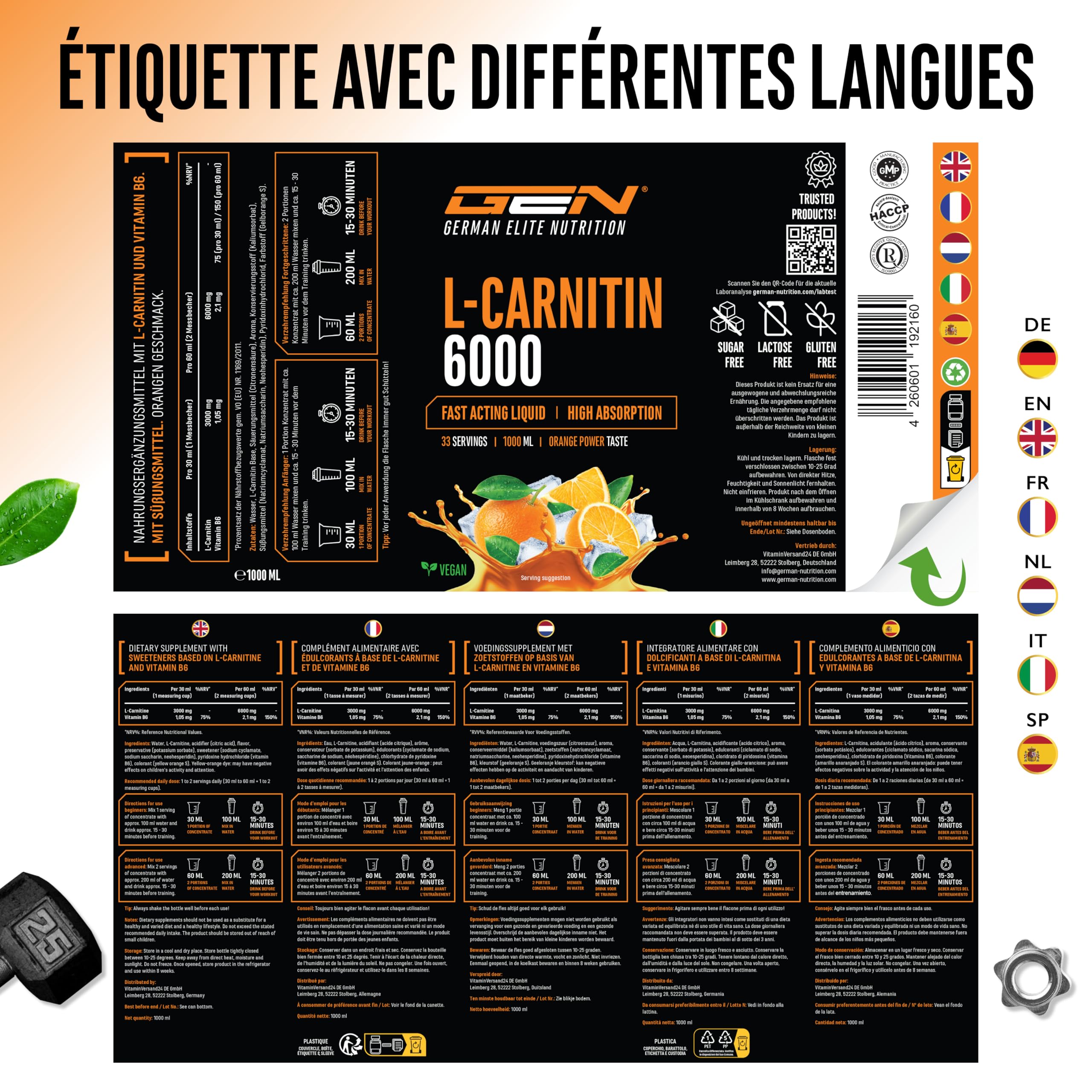 L-Carnitine 6000 Liquid - 1000 ml - Extra Fortement Dosé avec 6000 mg de L- Carnitine Pure par Portion Journalière - Amino Workout Drink - Goût  Délicieux (Orange Power)