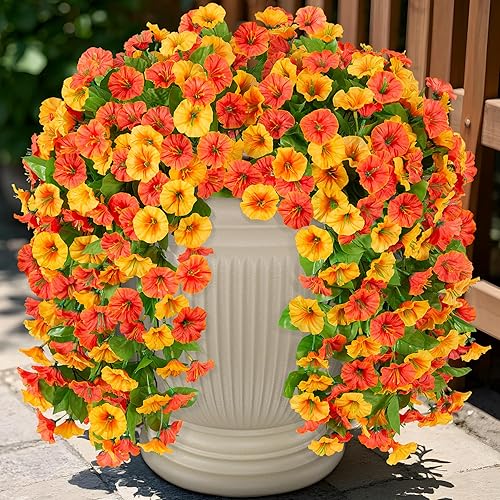 Miniatura 43 de Artificial Flowers with Hanging Basket, Outdoor Faux Plants Silk Morning Glory Vines, Fake Green Arrangement for Garden Patio Spring Summer