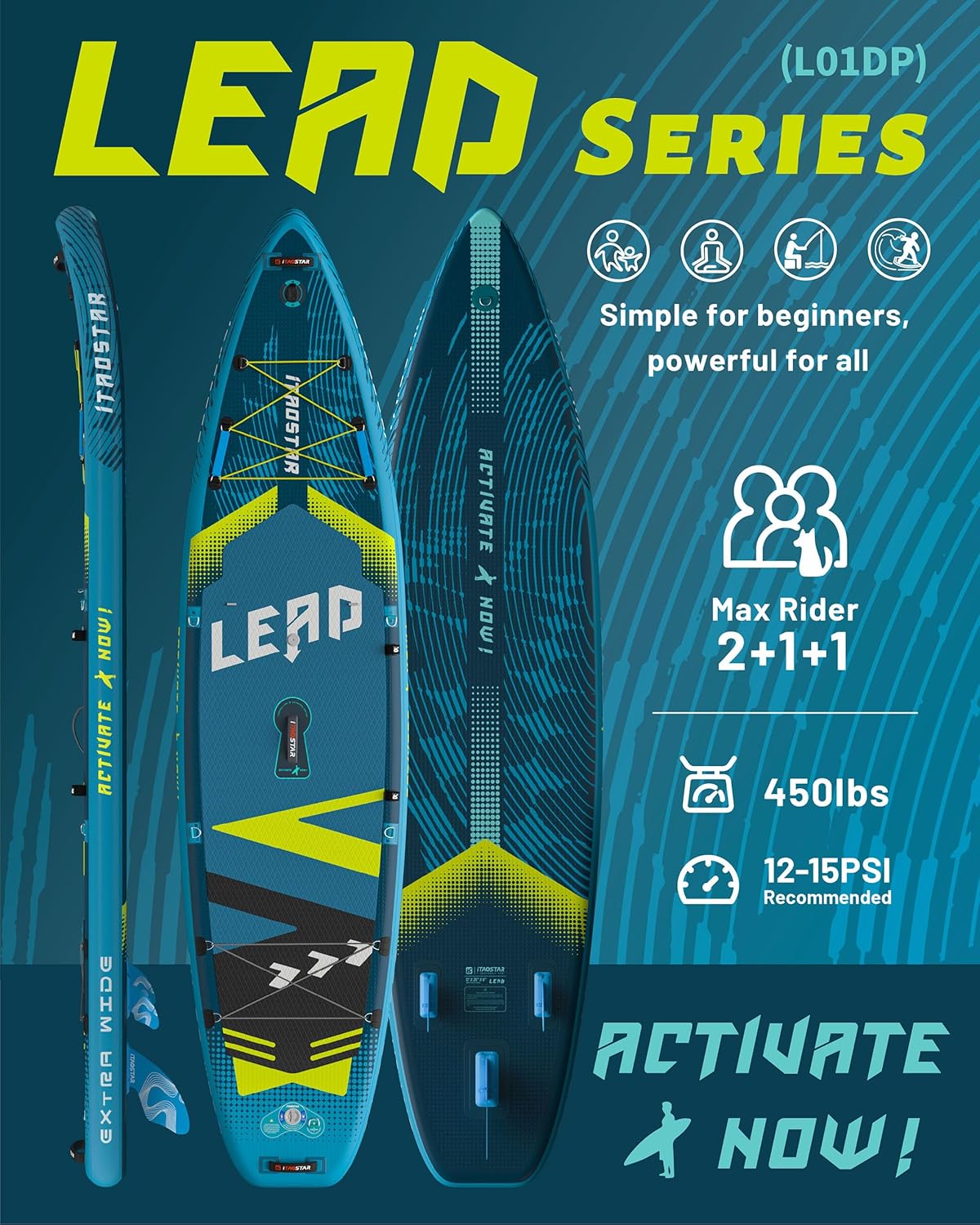iTAOSTAR Lead 12'×35"/11'×33" Inflatable Stand Up Paddle Board - Premium SUP Board Kit with 5 Fins - Ultra Stable Wide Paddleboard for Adults & Youth - All Skill Levels - for Lakes, Oceans & Fishing
