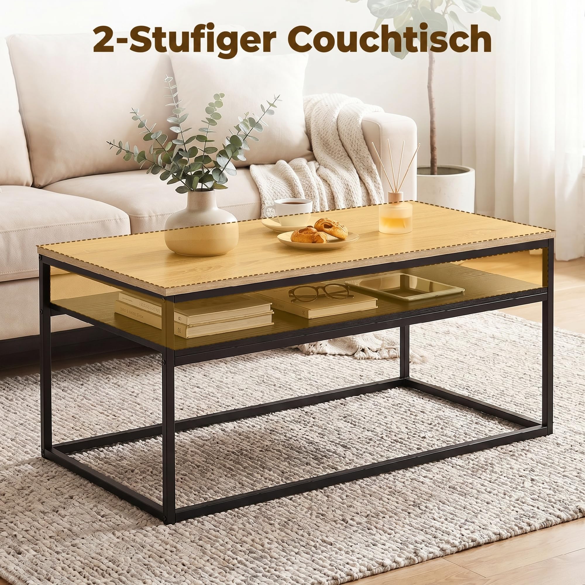 HOMCOM Couchtisch Wohnzimmertisch mit Ablage, Moderner Kaffeetisch im Industrial Design, Beistelltisch mit Metallrahmen Sofatisch für Wohnzimmer, Schlafzimmer, 100 x 59,8 x 47 cm, Eiche