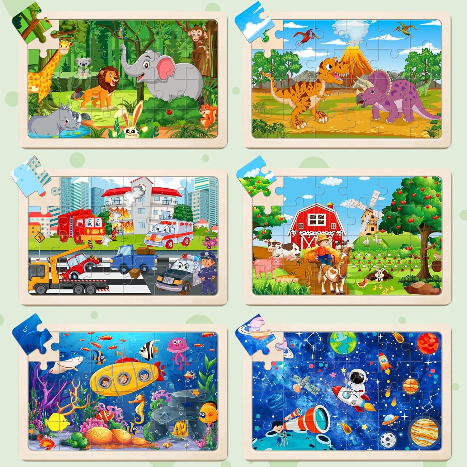 6 Packs Puzzles for Kids Ages 4-6,24Pcs Wooden Puzzles for Kids Ages 3-5,Dinosaur Animals Vehicle Space Farm Jigsaw Puzzles,Preschool Educational Toys Gifts for Children Ages 3+Year Olds Boys Girls