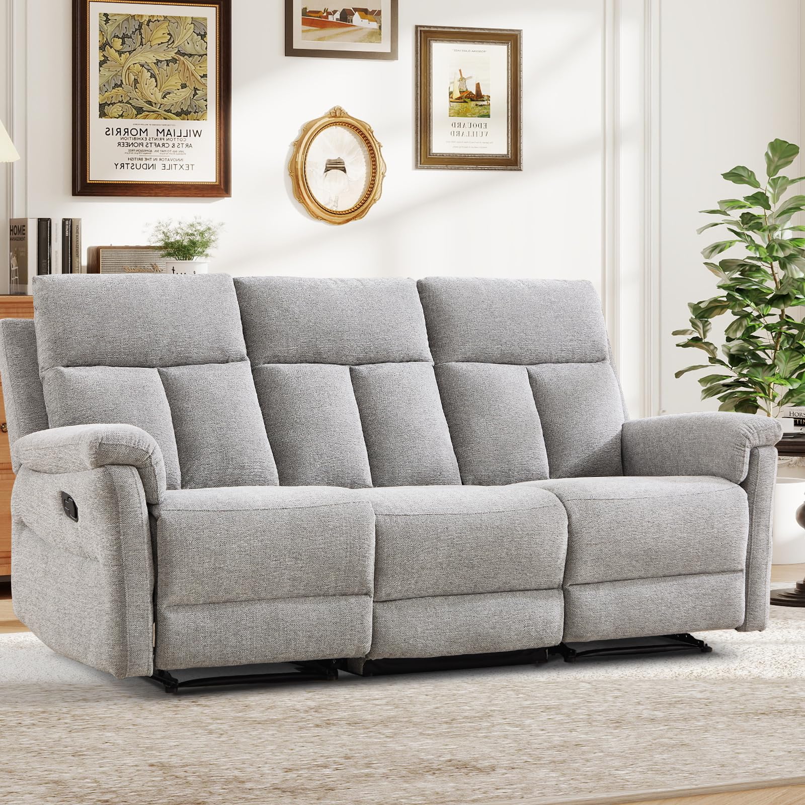 ANJ Manual Reclining Sofa, 3-Seat Recliner Couch with Padded Arms and Supportive Backrest, Comfortable Fabric Reclining Sofas for Living Room, Light Grey