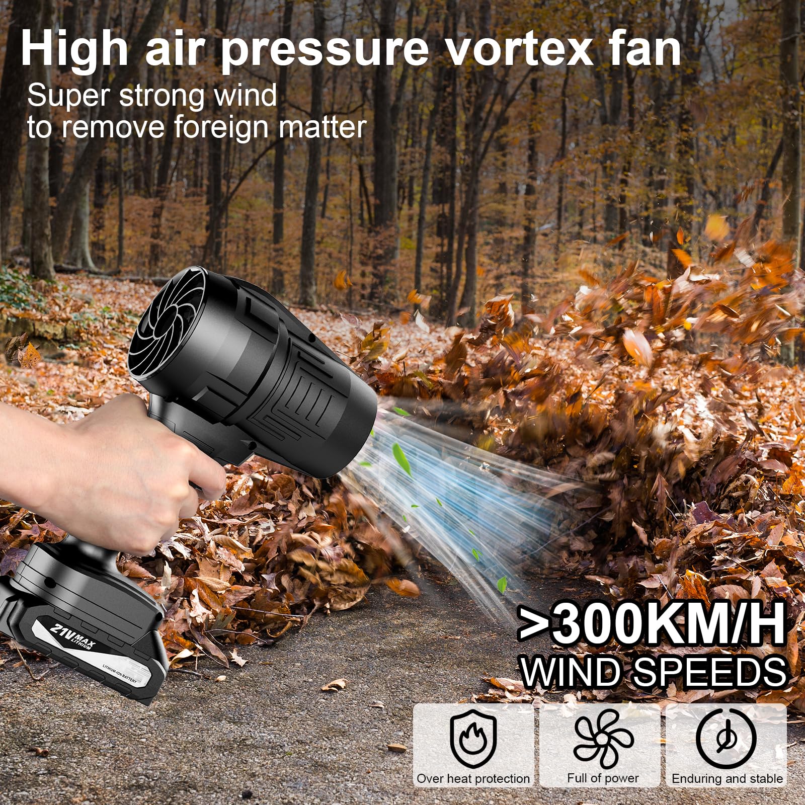 MGYM Soplador de hojas inalámbrico con batería y cargador, soplador turbo de mano portátil de 21 V, 300000 rpm, limpiador de polvo de alta velocidad con 2 baterías para el cuidado del césped del patio