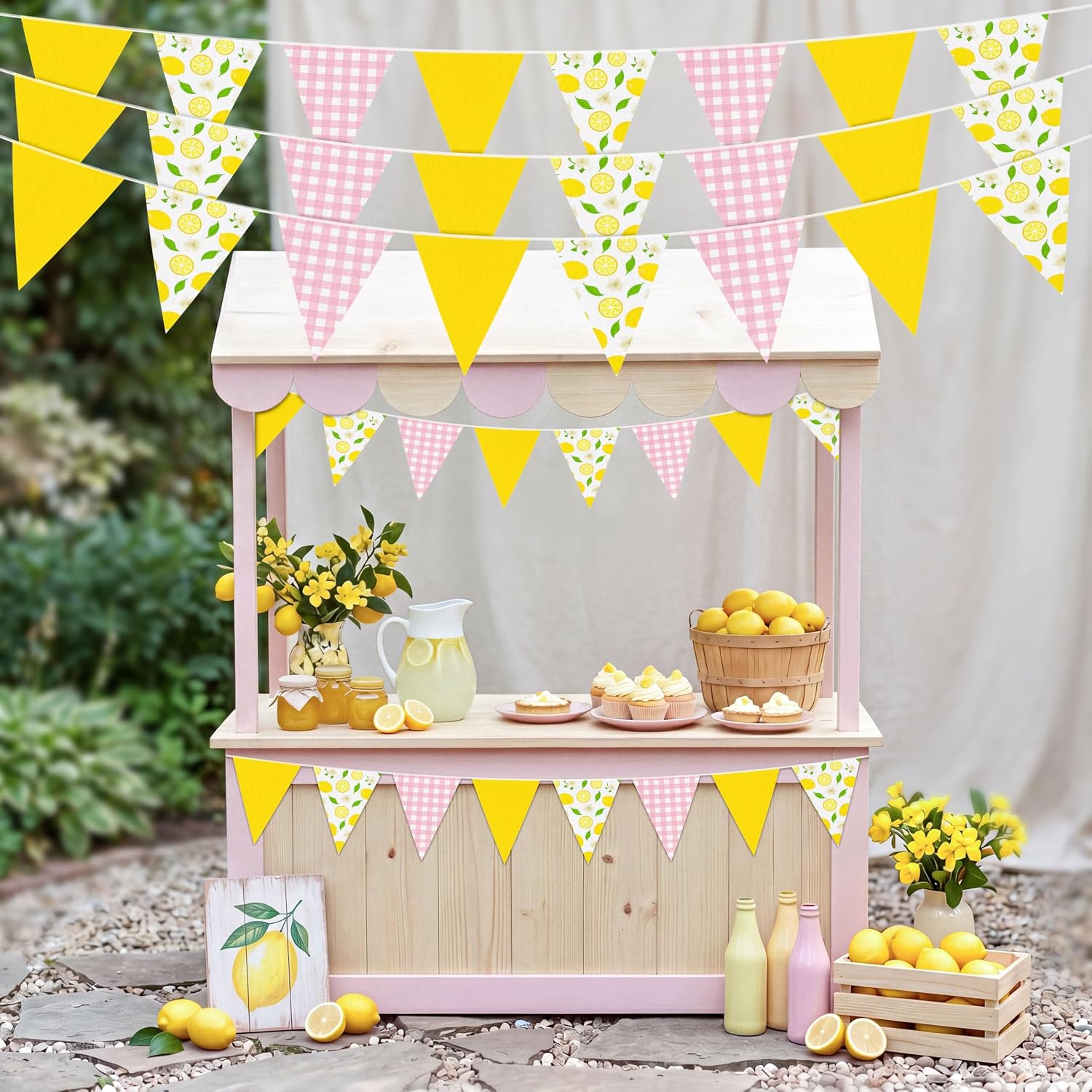 6PCS Lemon Party Decorations Pennant Banners Pink and Yellow Triangle Flags Garland Lemonade Stand Supplies Summer Birthday Baby Shower Decor