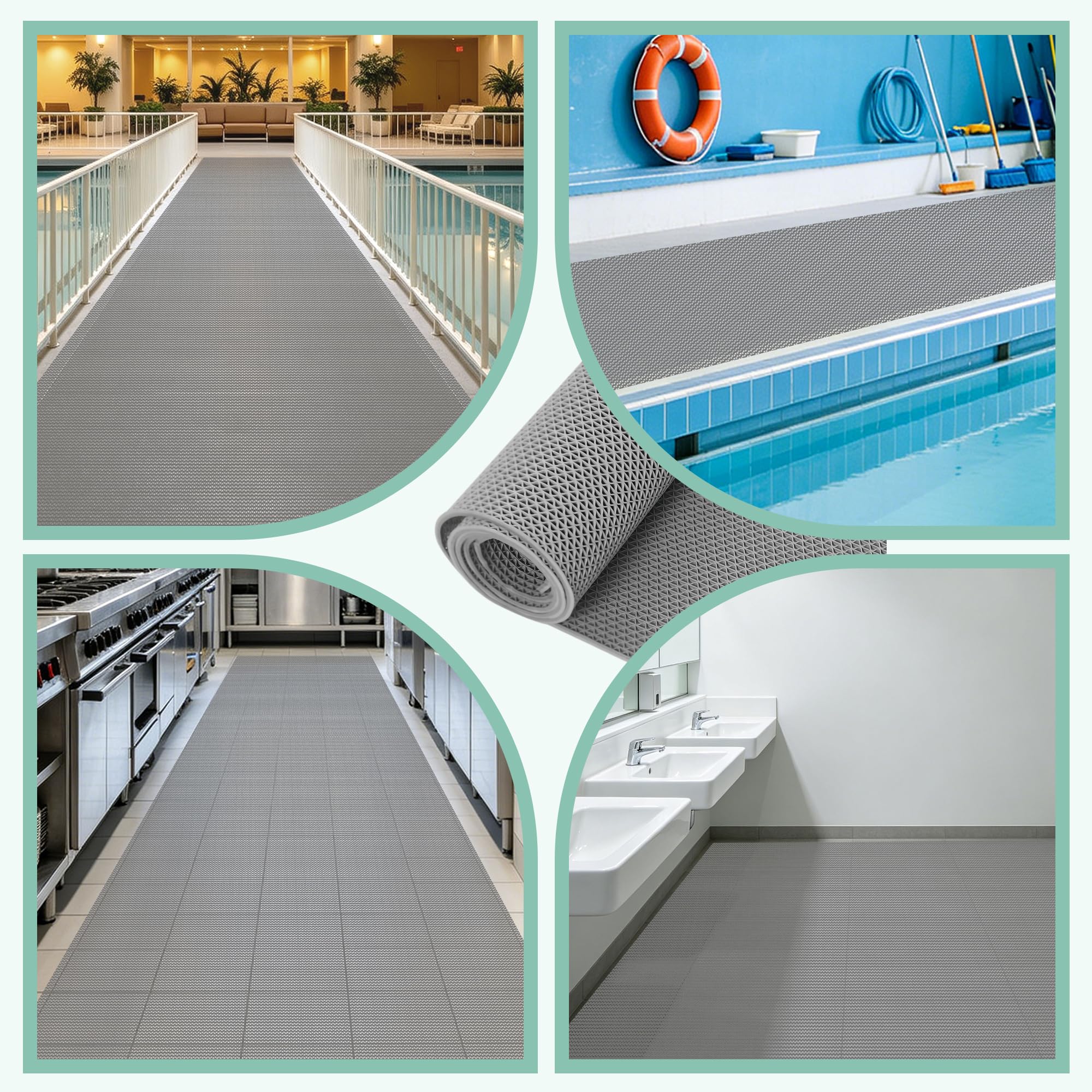 Drainage Bodenmatte 115 x 340 cm rutschfest Antirutschmatte Anti Ermüdung für Außen Und Innenbereich, Restaurant, Küche, Schwimmbad, Grau