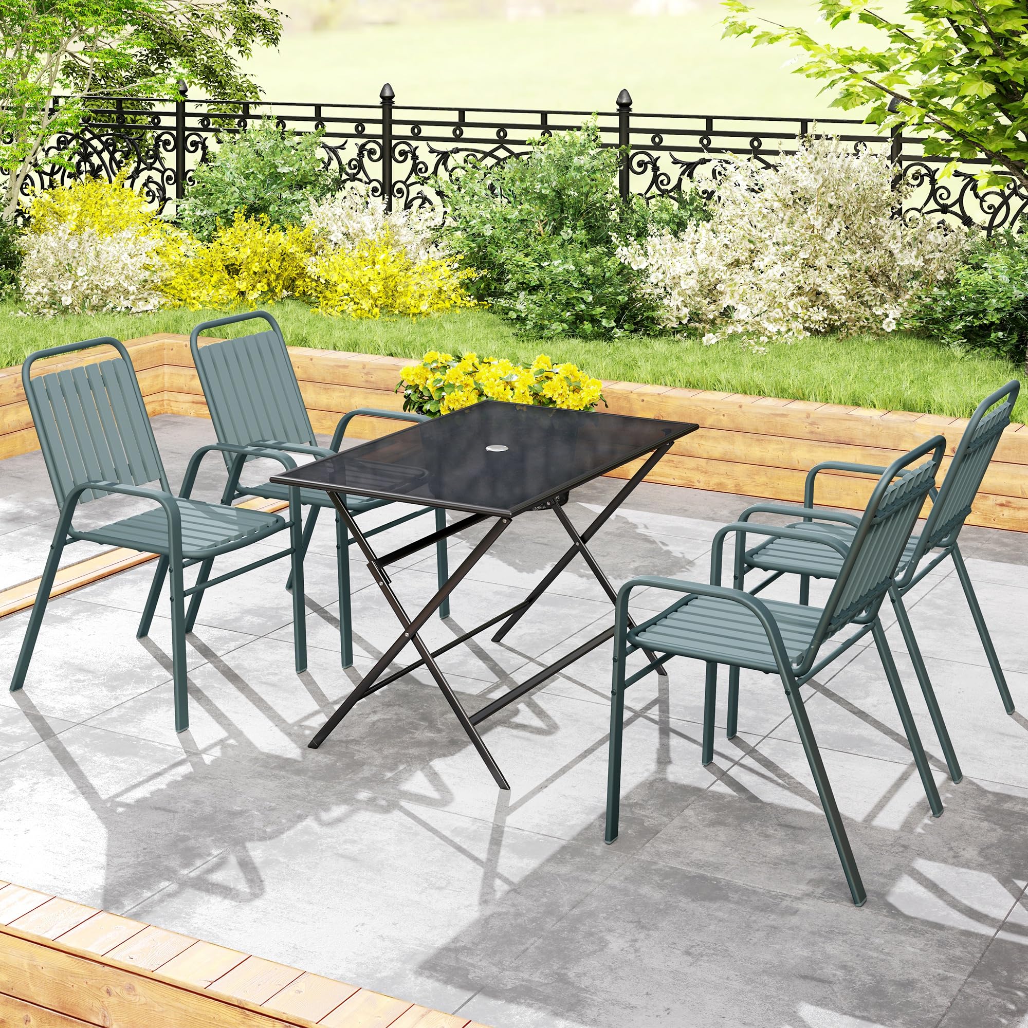 Outsunny Lot de 4 chaises de Jardin chaises empilables d'extérieur avec Haut Dossier et accoudoirs, Cadre en Acier pour Jardin, Piscine, terrasse, Gris