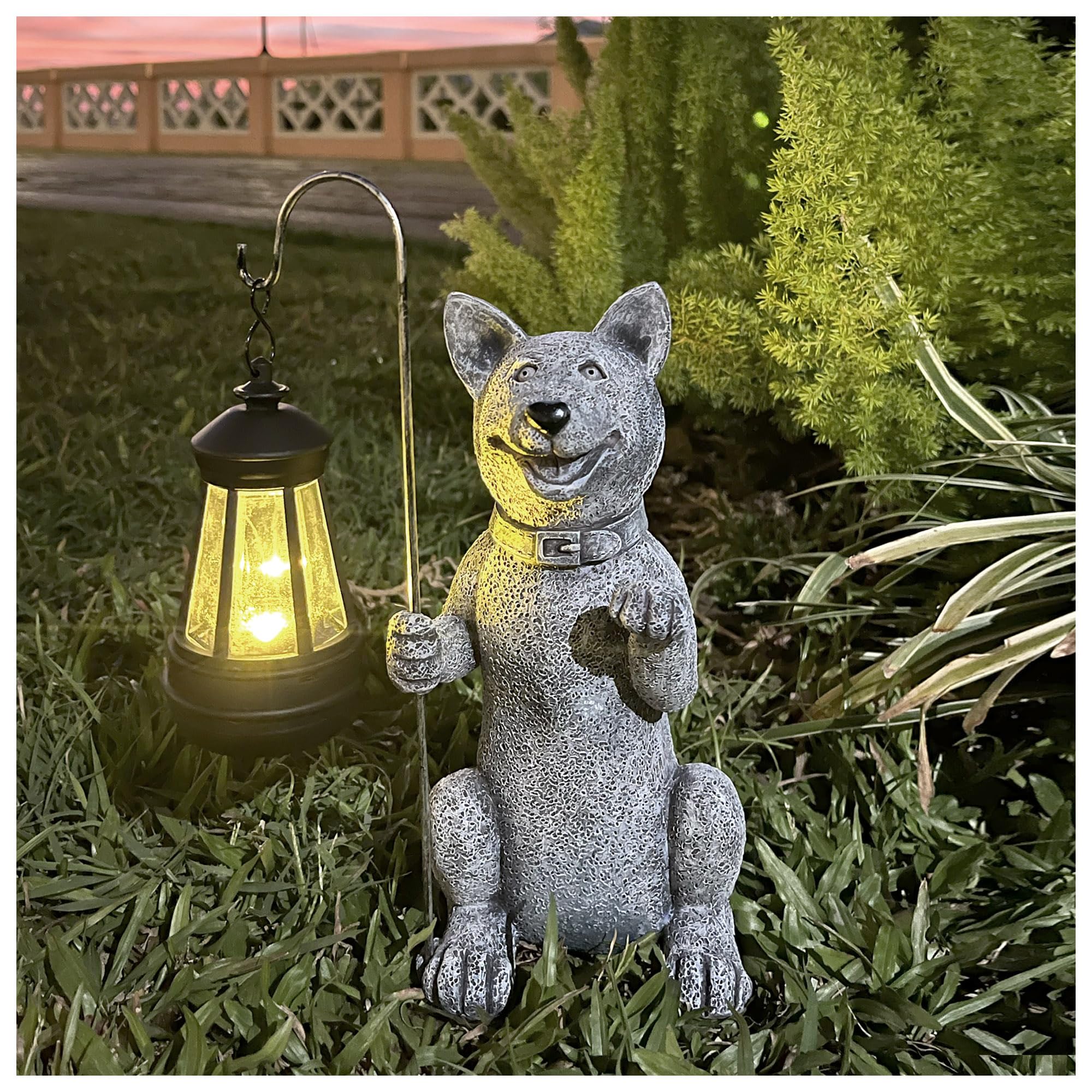 lightsfever Dog Statue with Solar Lantern, Outdoor Statues for Home Garden Balcony Decor, Solar-Powered LED Lights for Outdoor Patio Yard Lawn Decorations, Unique Gifts for Men, Moms, Grandma