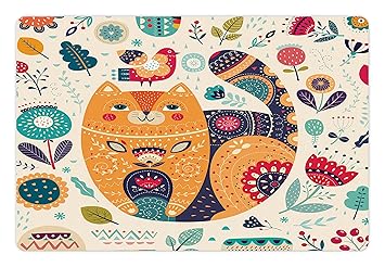 Paisley Pet Mats for Food and Water by Ambesonne, Little Smiling Chubby Cheek Cat Animal with Various Oriental Leaf Flower Artwork, Rectangle Non-Slip Rubber Mat for Dogs and Cats, Multicolor