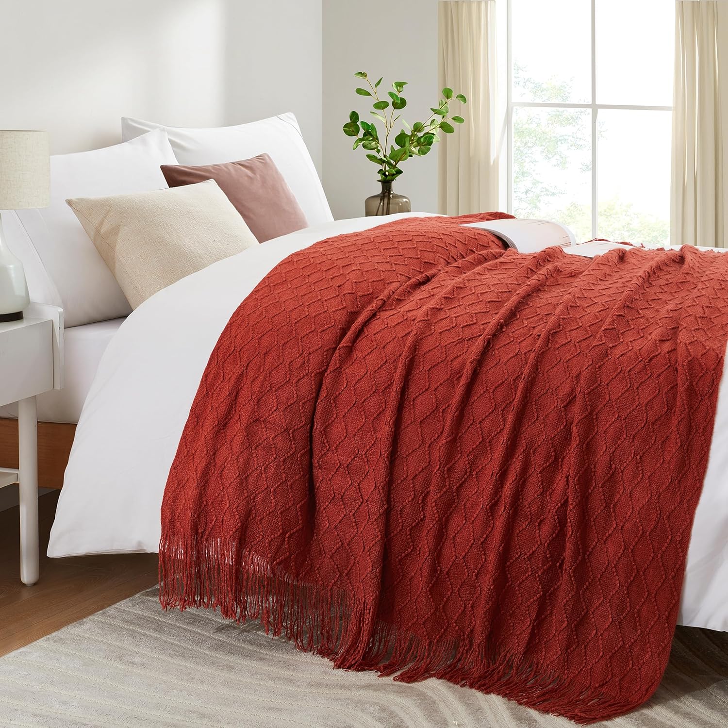 Acrylic Knitted Throw Blanket, Lightweight and Soft Cozy Decorative Woven Blanket with Tassels for Couch, Bed, Sofa, Travel, Suitable for All Seasons, 50 x 60 Inches, Rust - Image 6