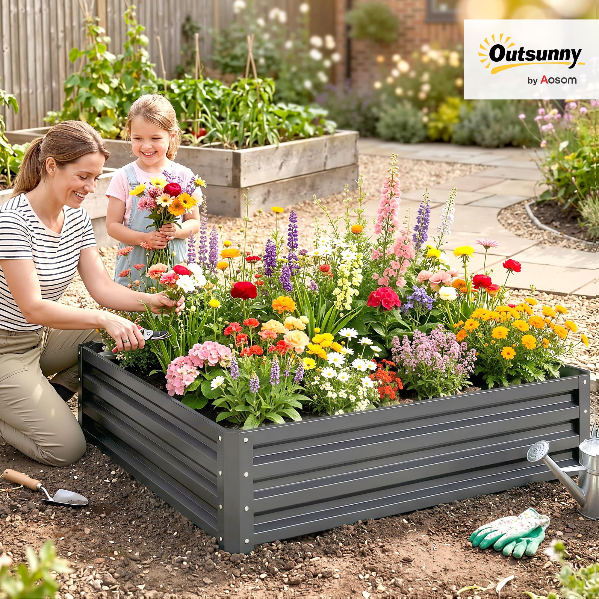 Outsunny Carré Potager de Jardin Potager surélevé, bac Potager en Acier galvanisé, jardinière Exterieur résistant à la Rouille 120x120x30cm, pour légumes, Fleurs et Herbes Jardin, Gris Clair