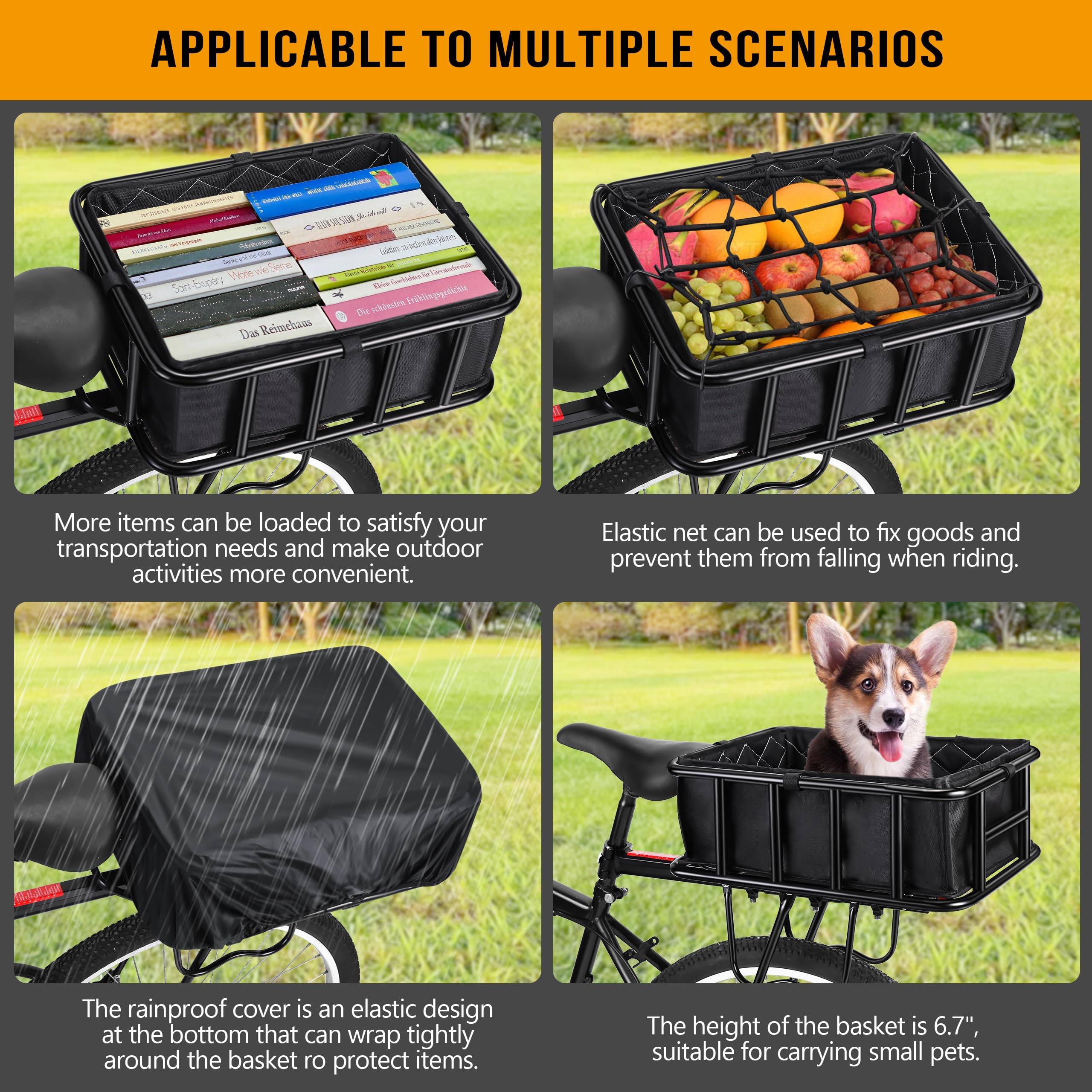 Rear Bike Rack & Basket Combo - 100 Lb Capacity, Quick Release, Includes Liner, Net & Cover