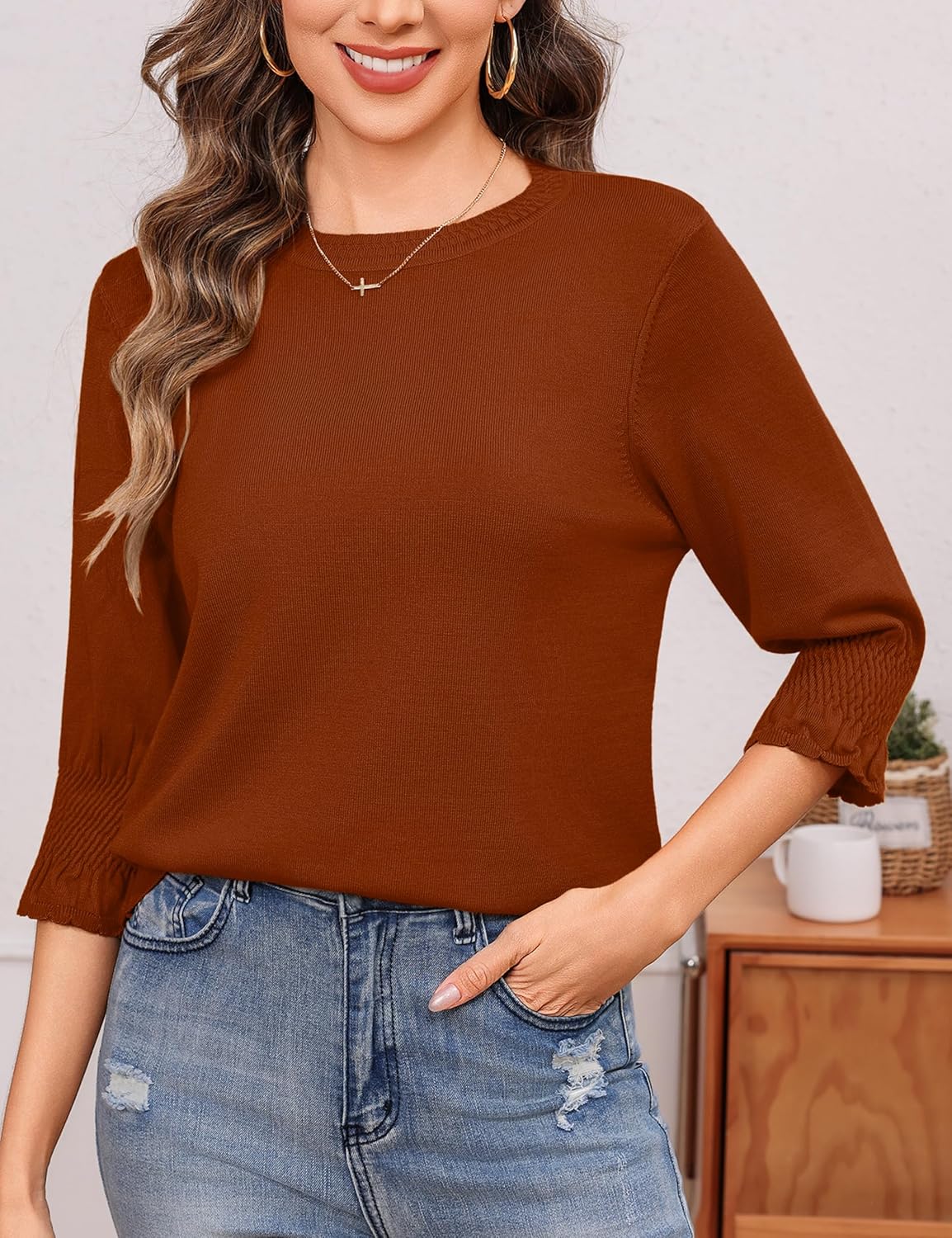 Totatuit Women 3/4 Pleated Sleeve Sweaters Casual Crew Neck Lightweight Knit Sweater Top Loose Basic Business Clothes - Image 2