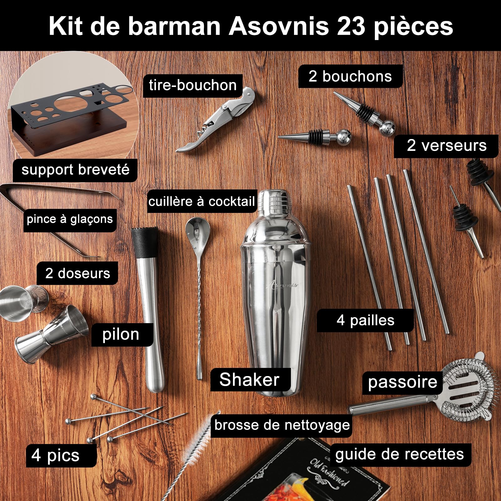 Kit shaker à cocktails avec support | Ensemble de 23 pièces pour barman avec tous les accessoires essentiels : shaker à martini, doseur, pour la maison, le bar et les fêtes (chocolate-F)