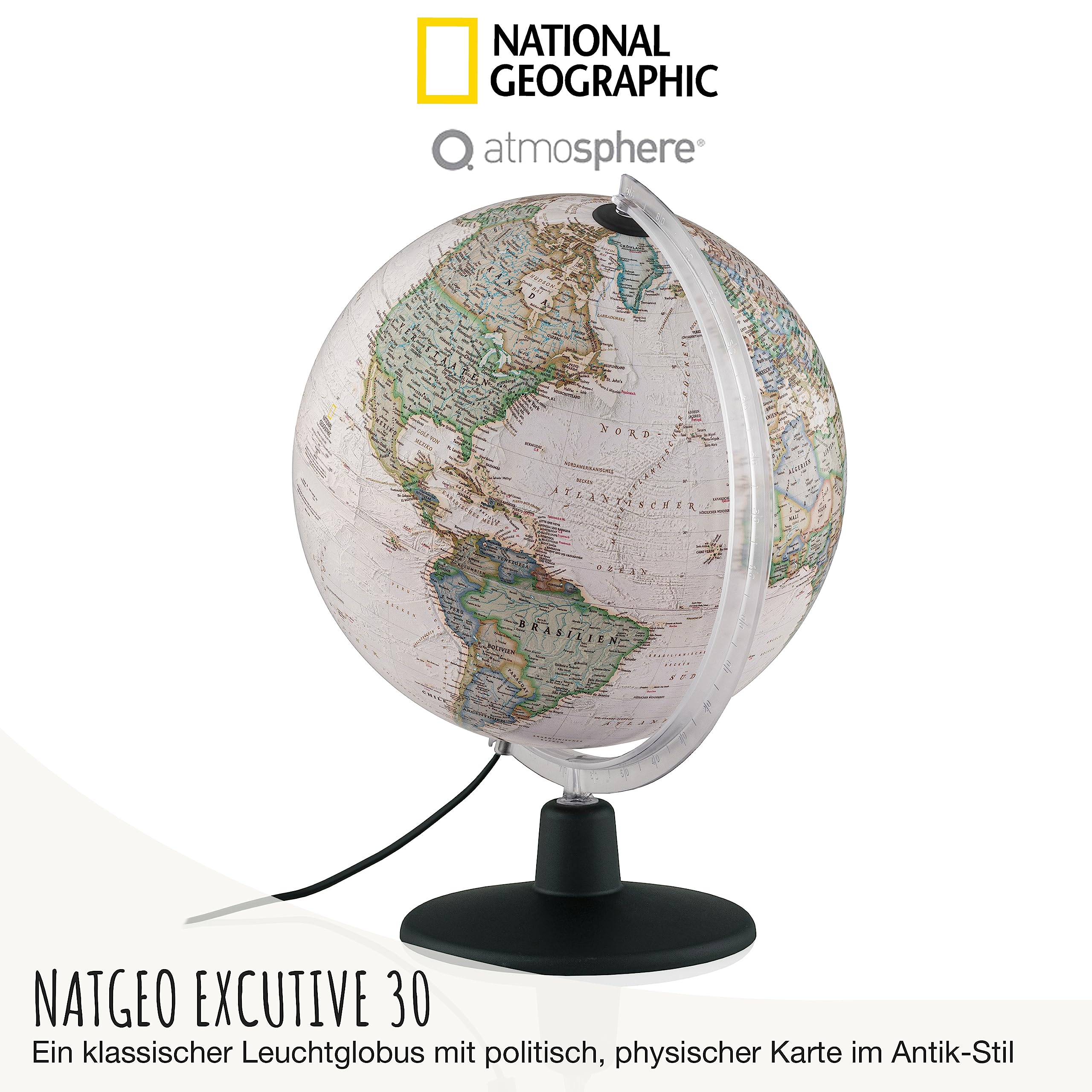 National Geographic NATGEO Executive Antik-Globus - 30 cm Globus mit politisch-physischer Kartografie in deutscher Sprache, beleuchtet und mit drehbaren Kunststofffuß