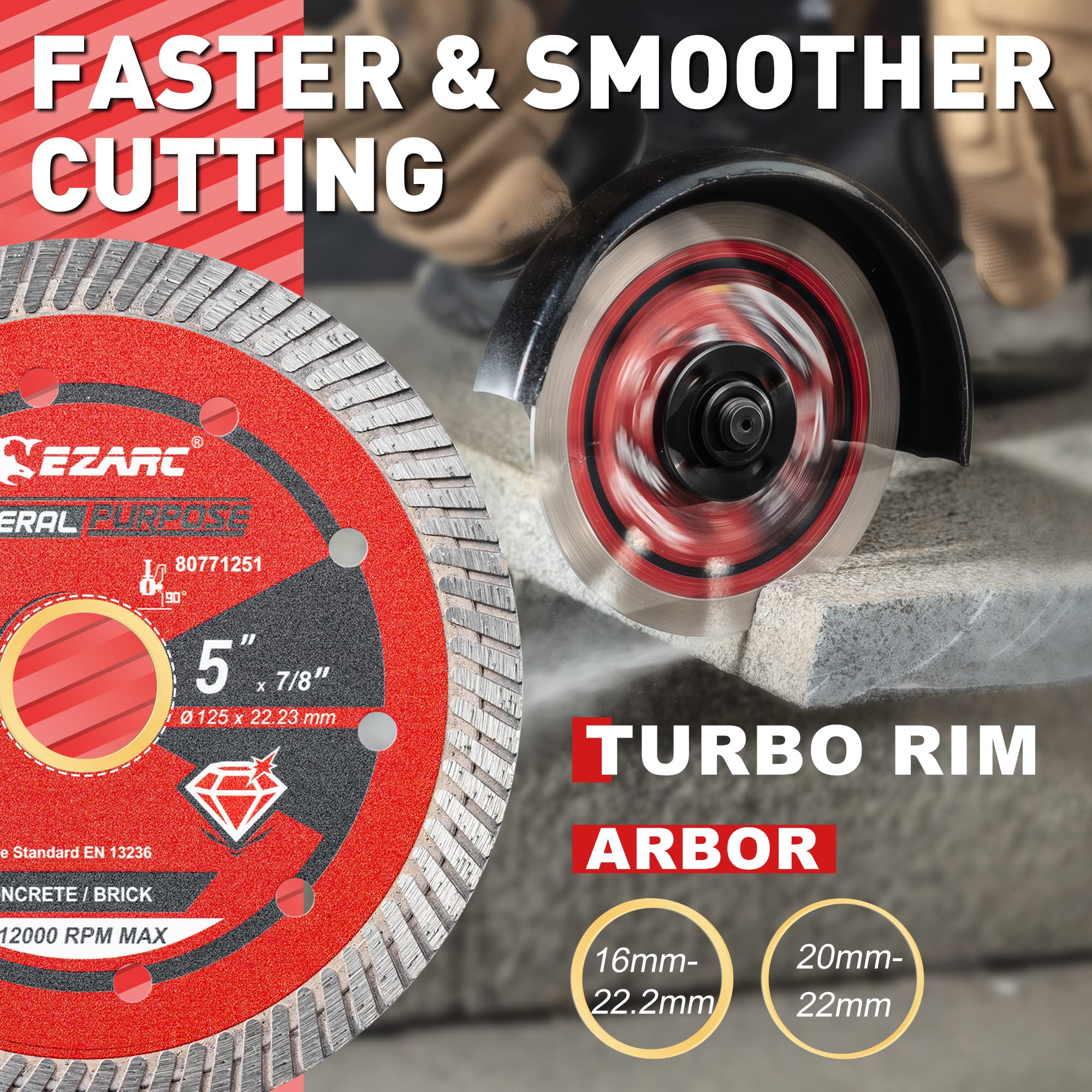 Diamentowe tarcze tnące - EZARC 125 mm Turbo diamentowe ostrza do szlifierki kątowej, szybkie gładkie cięcie granitu, marmuru, betonu, cegły (2-pak)