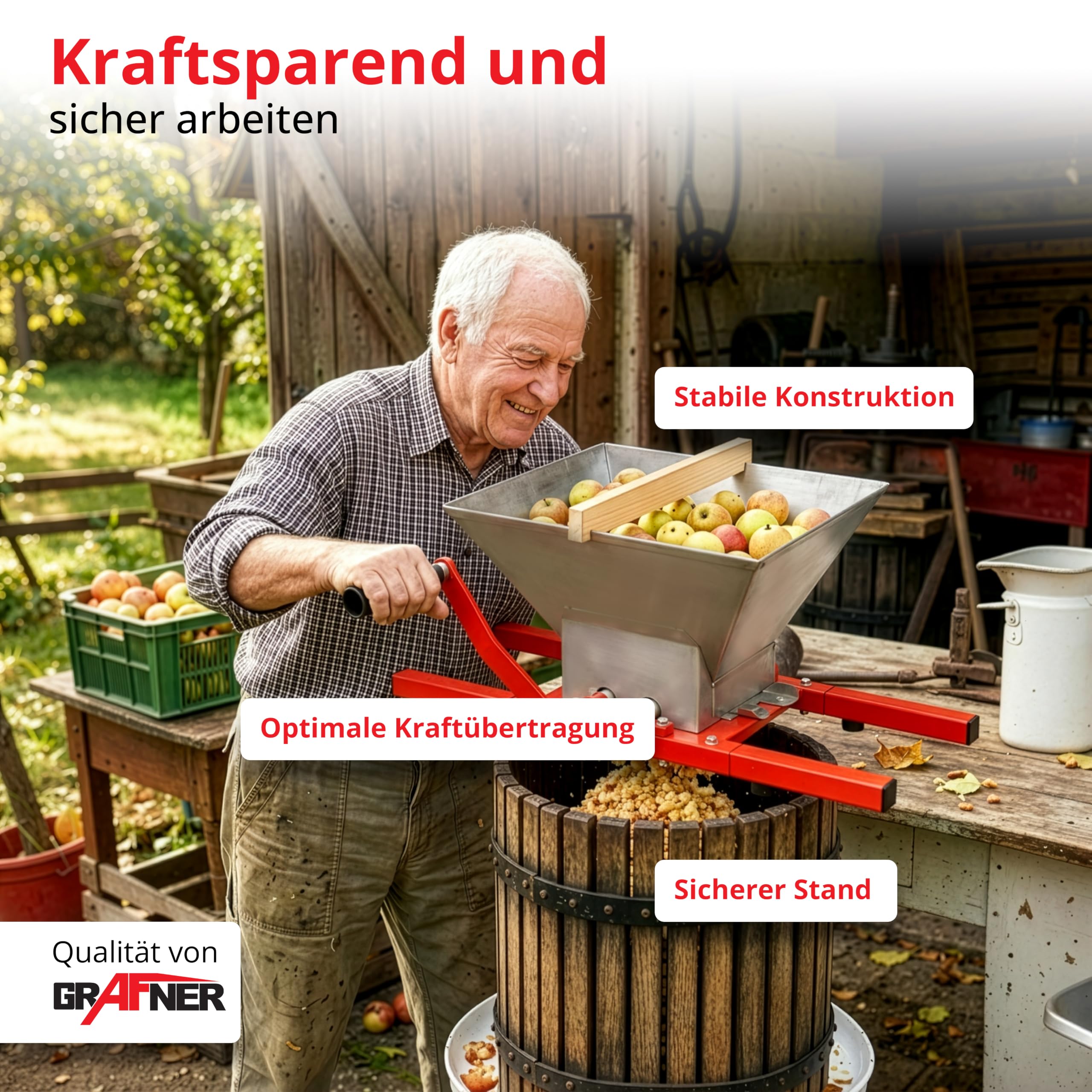 Grafner Obstmühle 7 Liter, Massive Ausführung mit Handkurbel, Apfelpresse Beerenmühle Traubenmühle Saftpresse Obsthäcksler Maischemühle Obstpresse