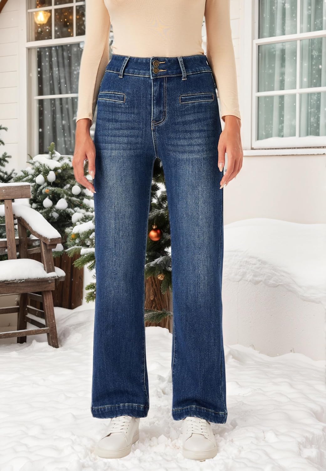 heipeiwa Women's Fleece Lined Jeans Wide Straight Leg Winter Jeans High Waisted Thermal Flannel Lined Jean Denim Pants
