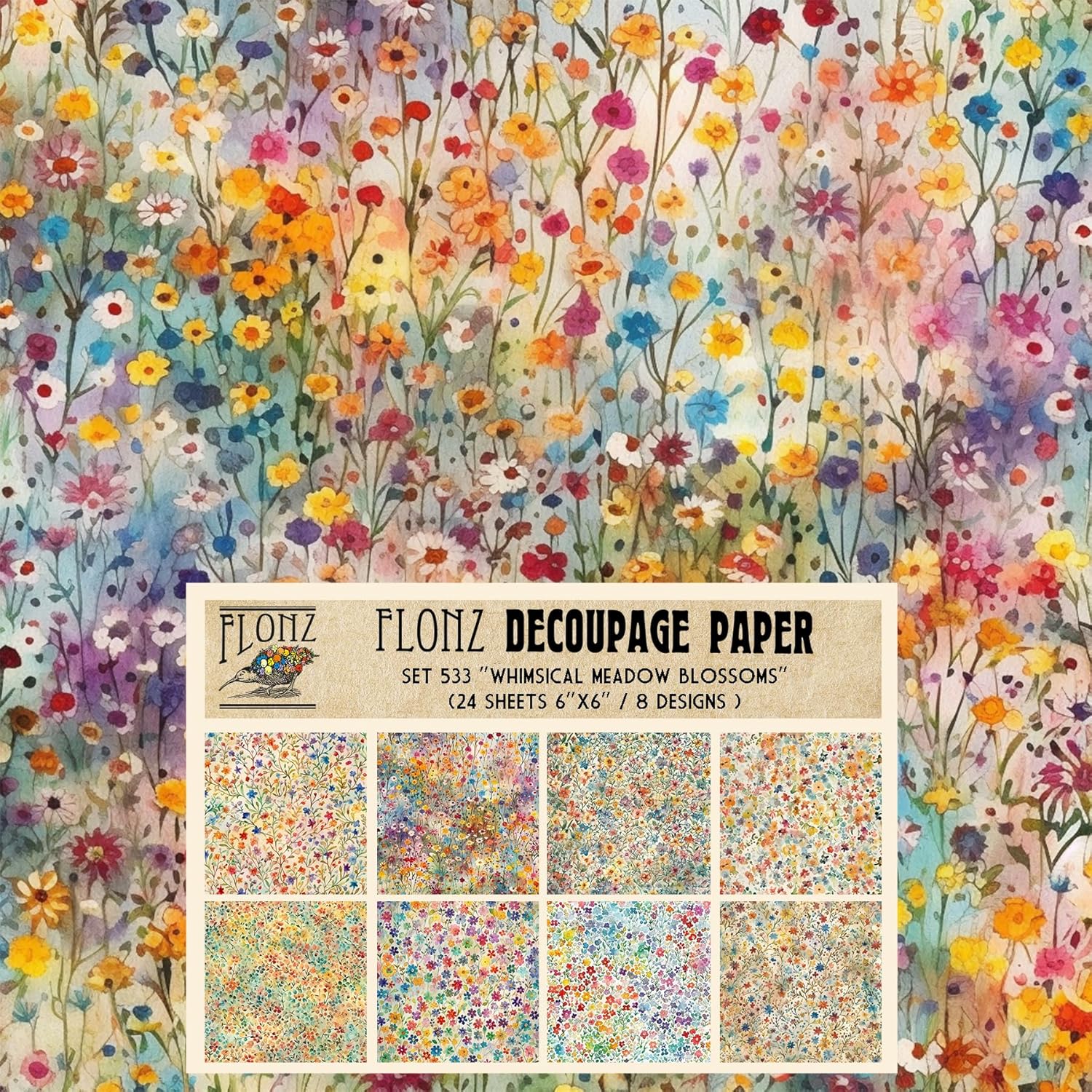 Decoupage Paper Pack (24 Sheets 6"x6") Whimsical Meadow Blossoms: Colorful Patterns of Small Flowers in Delightful Watercolor Backgrounds # Vintage Styled Paper for Craft and Scrapbooking