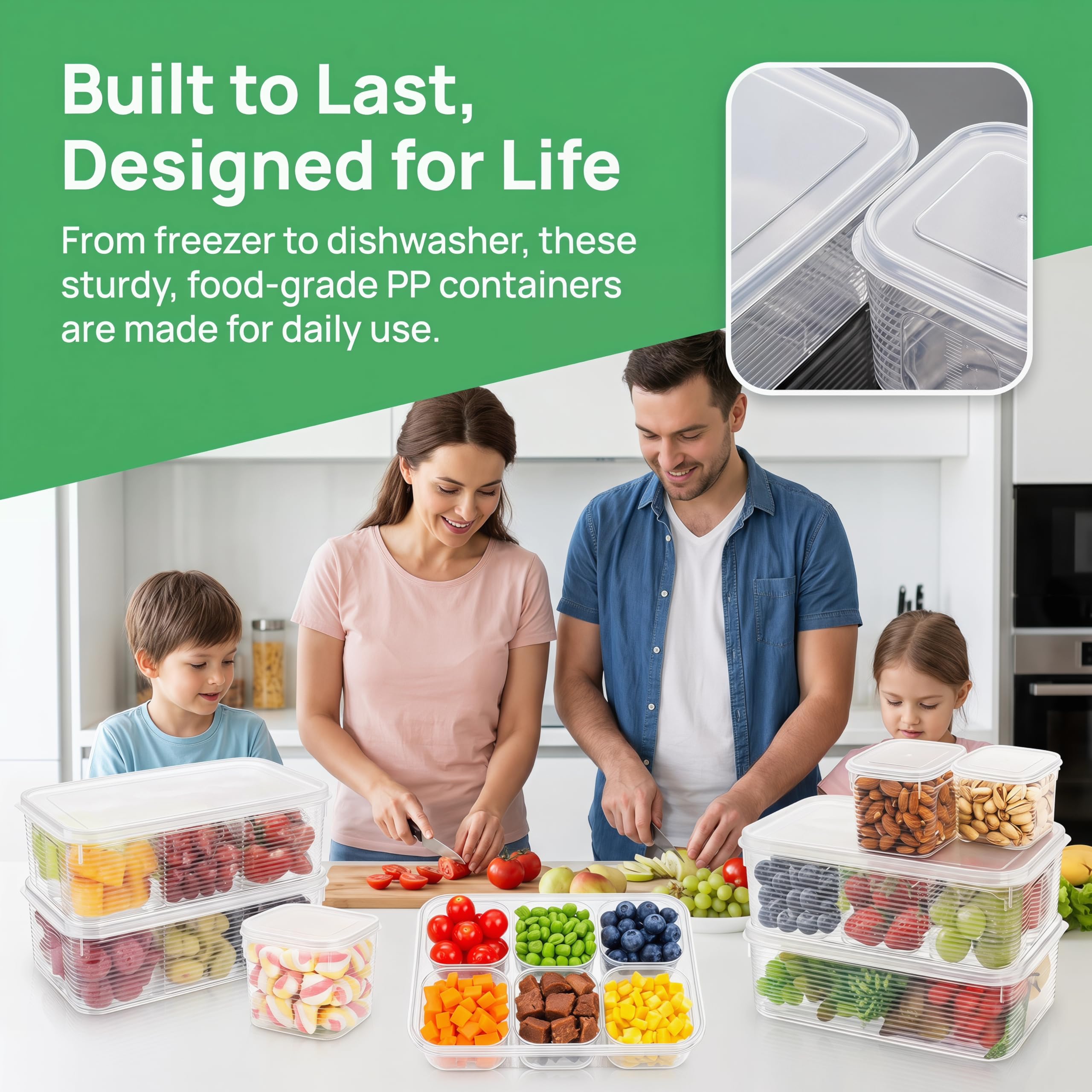 Confezione da 4 contenitori per insalata per frigorifero, contenitori per alimenti con coperchio, organizer per frigorifero diviso riutilizzabile, scatola per la preparazione dei pasti con 6