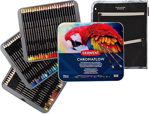 Paquete de lápices de colores Chromaflow de Derwent - Juego de 72 lápices de colores de 0.157 in de ancho (2306014) + bolsa con cremallera de cinco